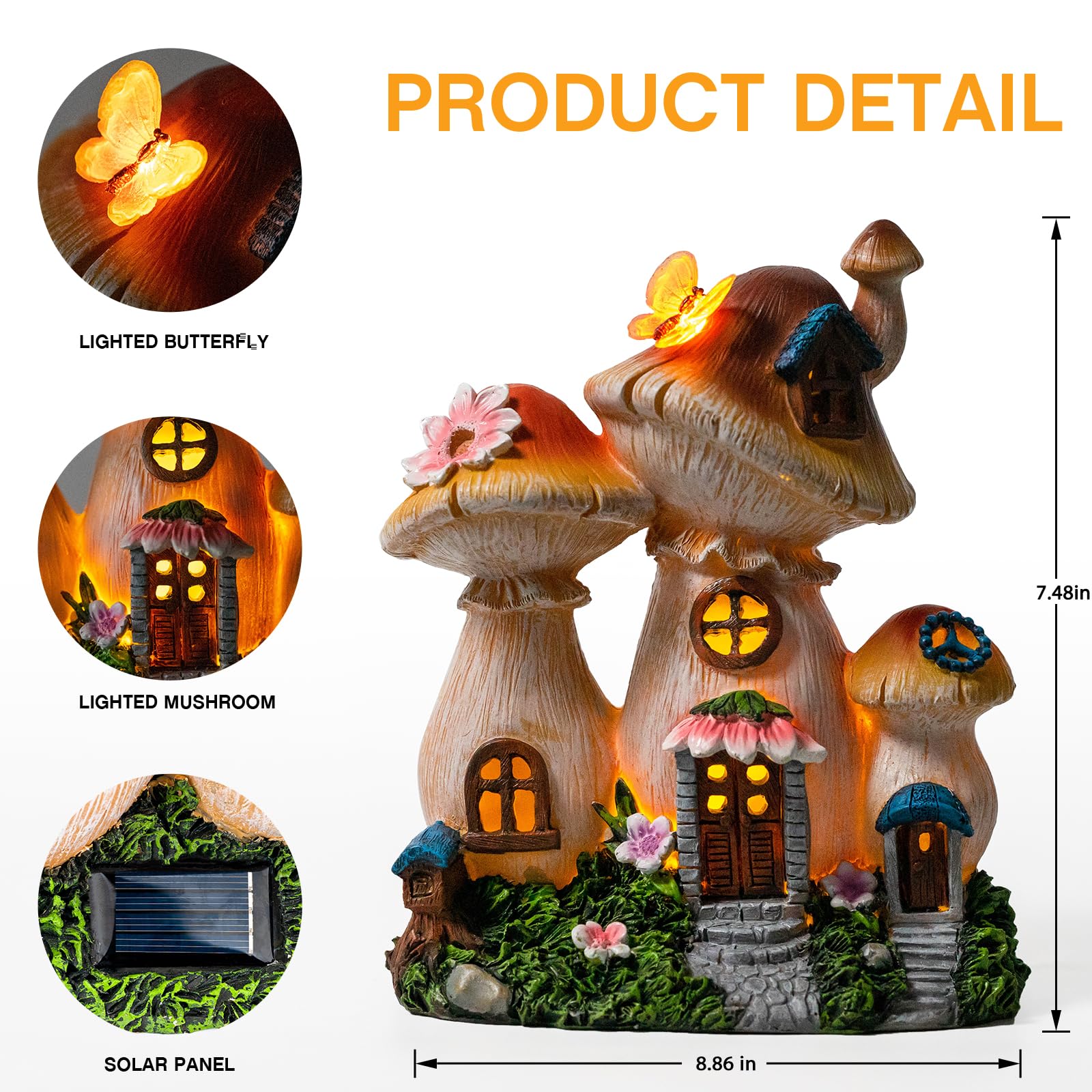 Candieslife Solar Garden Statue Lights Mushroom Fairy House Figurine, Outdoor Memorial Garden Ornaments Waterproof Decoration Fo