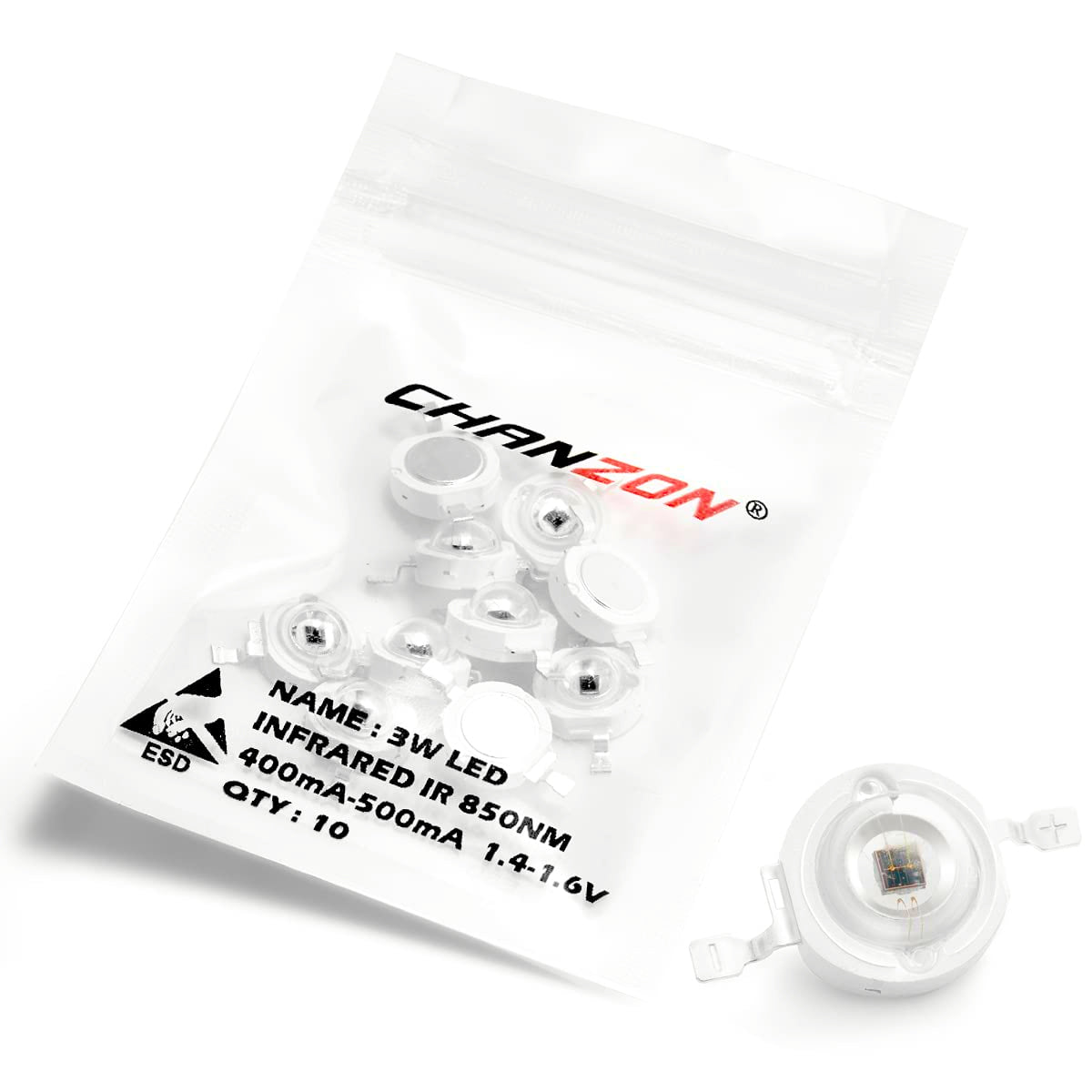 Chanzon 10 Pcs High Power Led Chip 3W Infrared (Ir 850Nm / 400Ma - 500Ma / Dc 1.4V - 1.6V / 3 Watt) Smd Cob Light Emitter Diode