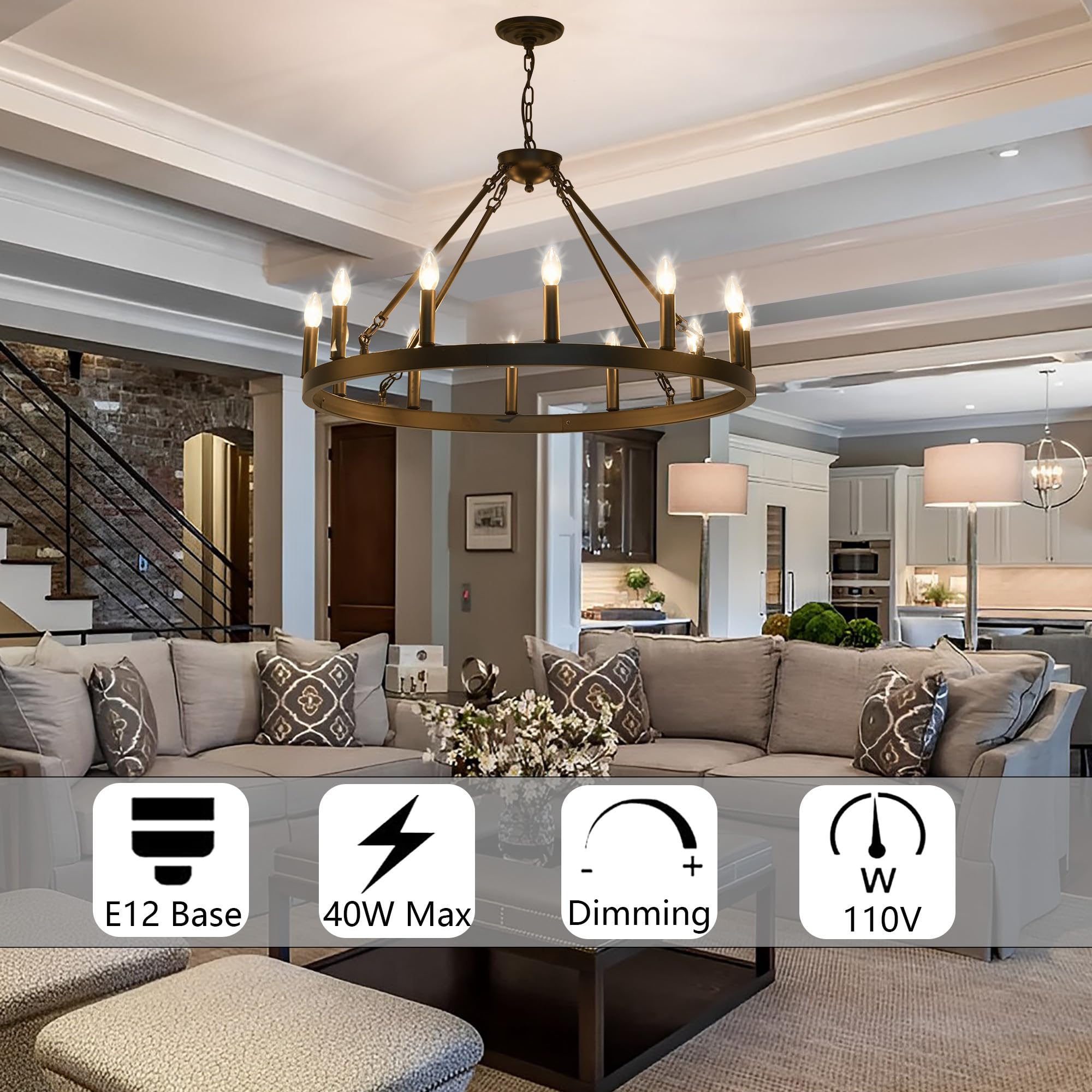 Zbmyrbzj 32&quot; Black Wagon Wheel Chandelier, 12-Light Industrial Ceiling Light For High Ceilings