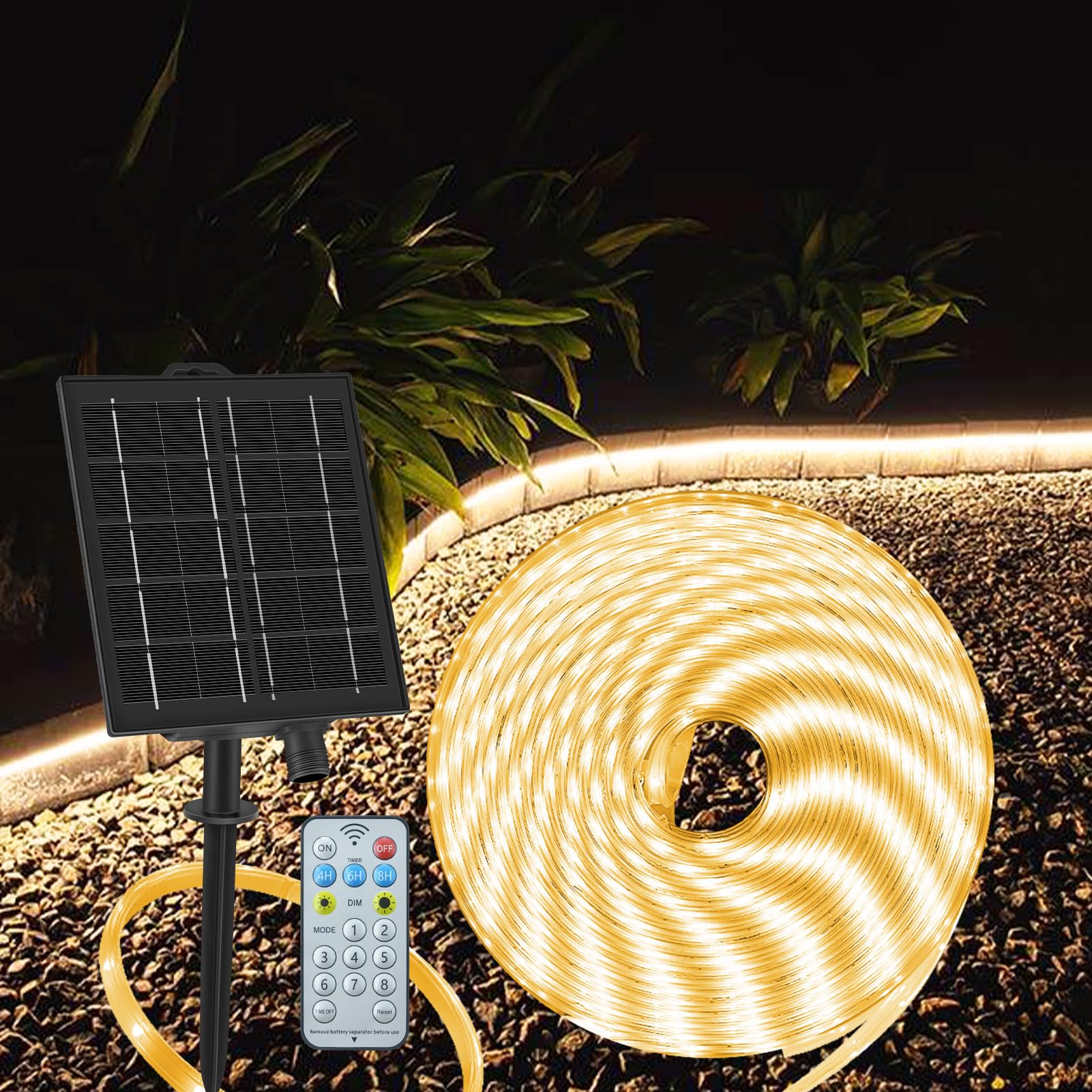 echosari 32.8Ft Solar Strip Lights, IP68 Waterproof LED, Timer Remote, Warm White, Self-Adhesive for Outdoor Camping Pool Decor