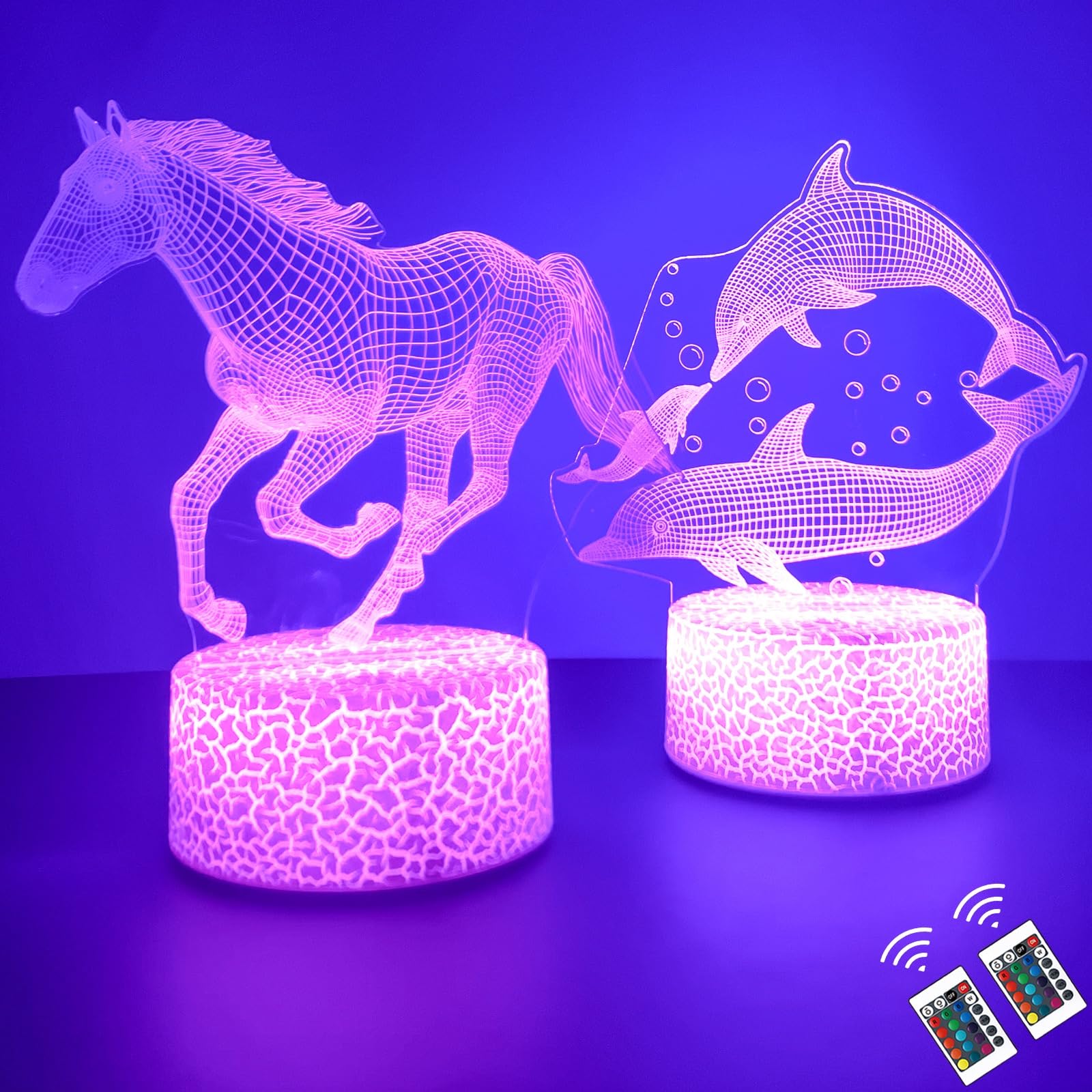 ZQX Night Light for Kids, 2 pcs 3D Optical Illusion Lamp with Horses and Dolphins Patterns, USB Rechargeable Lamp with 16 Colors