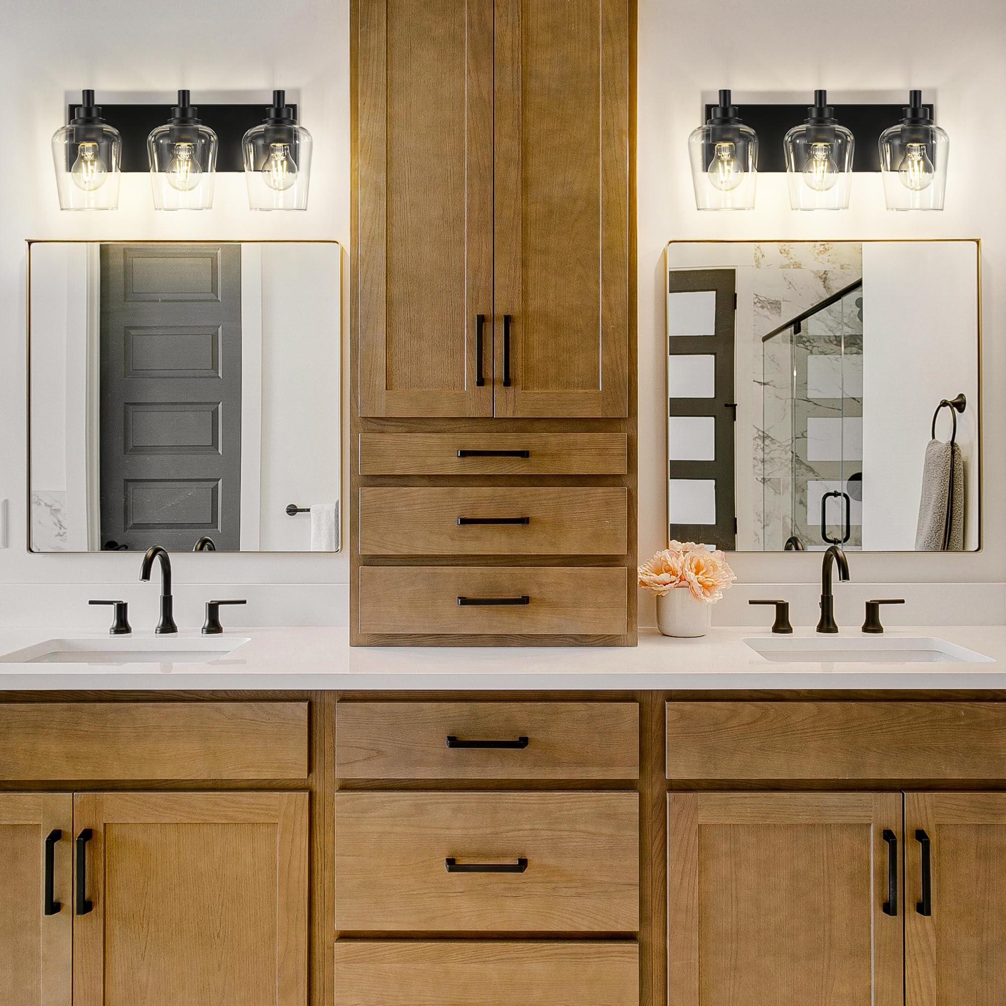 METWET 3-Light Bathroom Vanity Light, Modern Clear Glass Shades, Matte Black, Model VL155-MB-3
