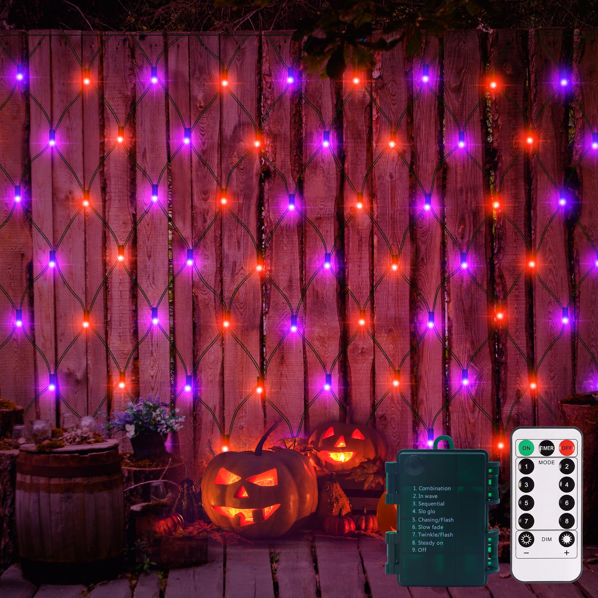 echosari Halloween Net Lights, 100 LED, Battery Operated, 5ft ×5ft, Purple Orange, Model 3AA-100NetL, Remote Timer, Dimmable