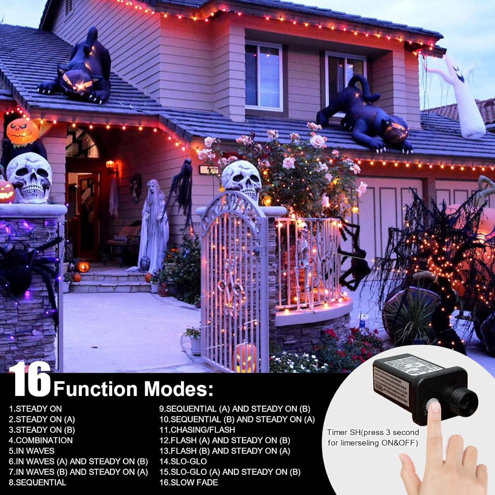 LAMPHOME 66ft Halloween Mini Lights, 200 LED Orange Fairy String Lights, 11 Lighting Modes, Model YHLL-100F
