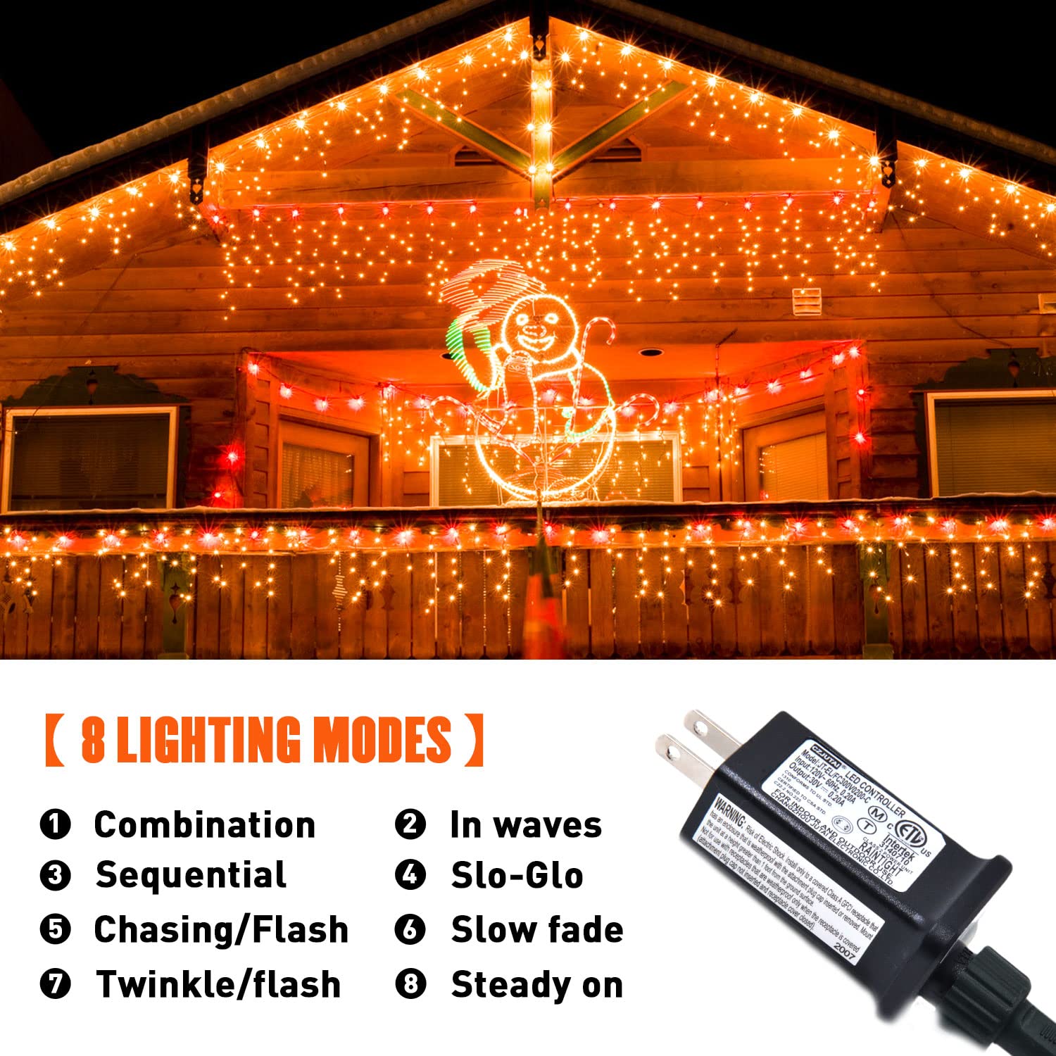 JMEXSUSS 400 LED Orange Icicle Lights, Waterproof, 8 Modes, Plug-in for Halloween & Christmas, Model EXS-I-0400