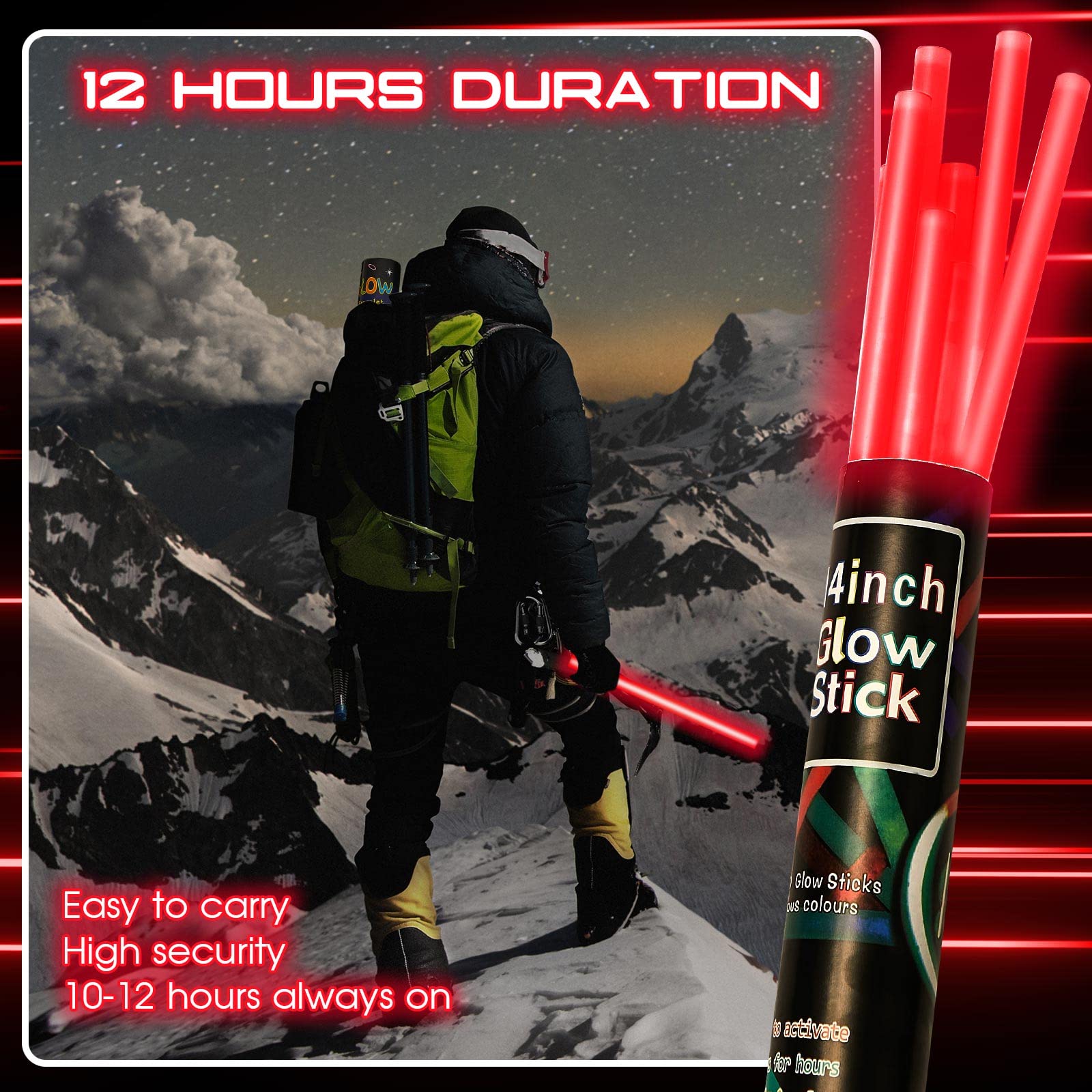 Lewtemi Glow Sticks - 10 Pcs Jumbo 14 Inch Emergency Light Sticks, Red - Perfect for Halloween, Camping, and Survival Kits