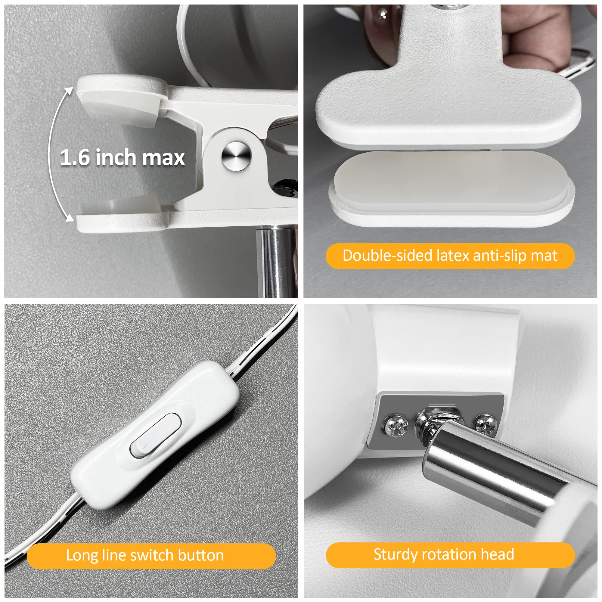 TOPMB LED Clip-On Lamp, 5W Super Bright, 330° Rotation, White, Model HC001, Compact Design for Desk/Table/Bed