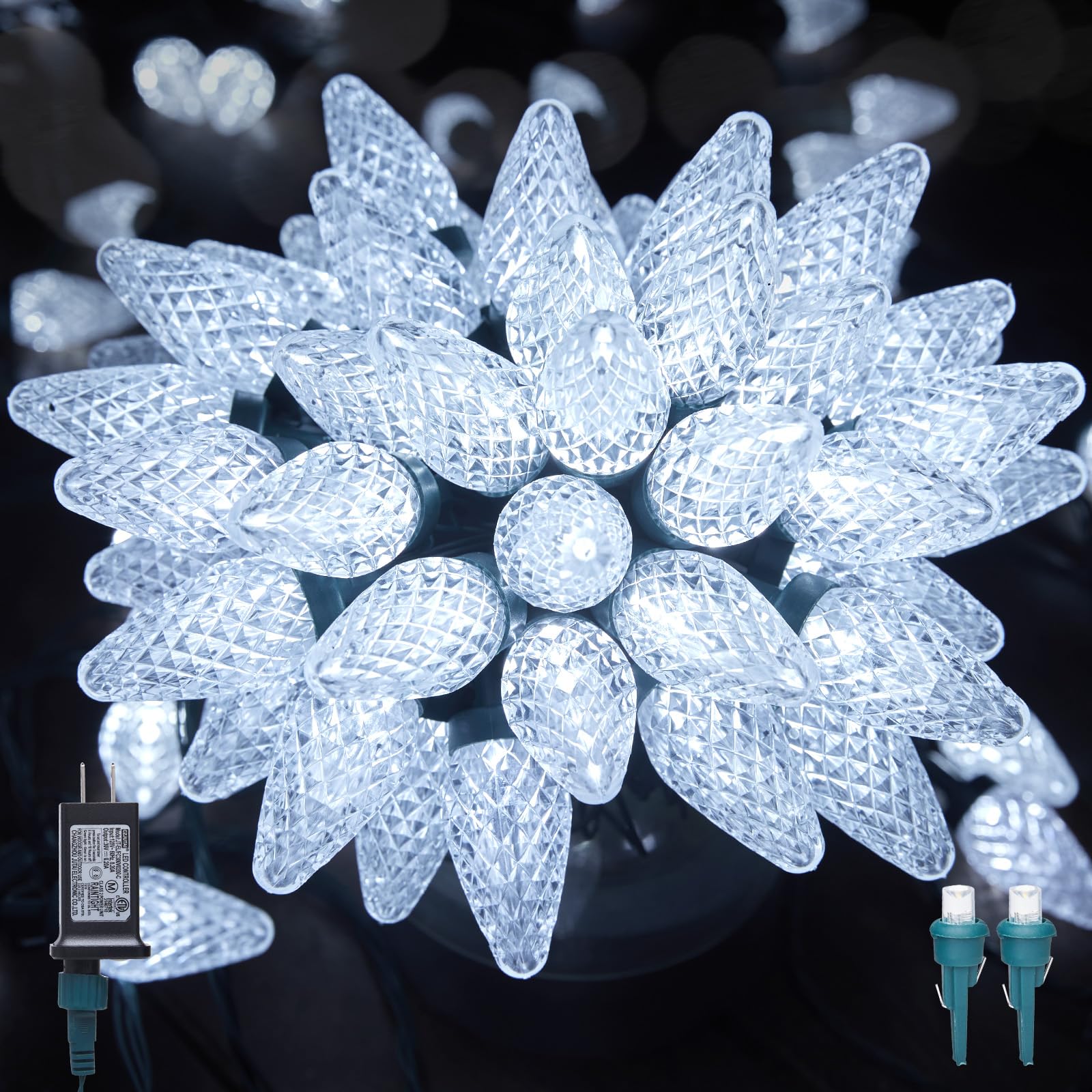 Minetom C9 LED Christmas Lights Outdoor, 81ft, 100 LEDs, Waterproof, Timer, Pure White, Model JT-EL/FC300V0200-C