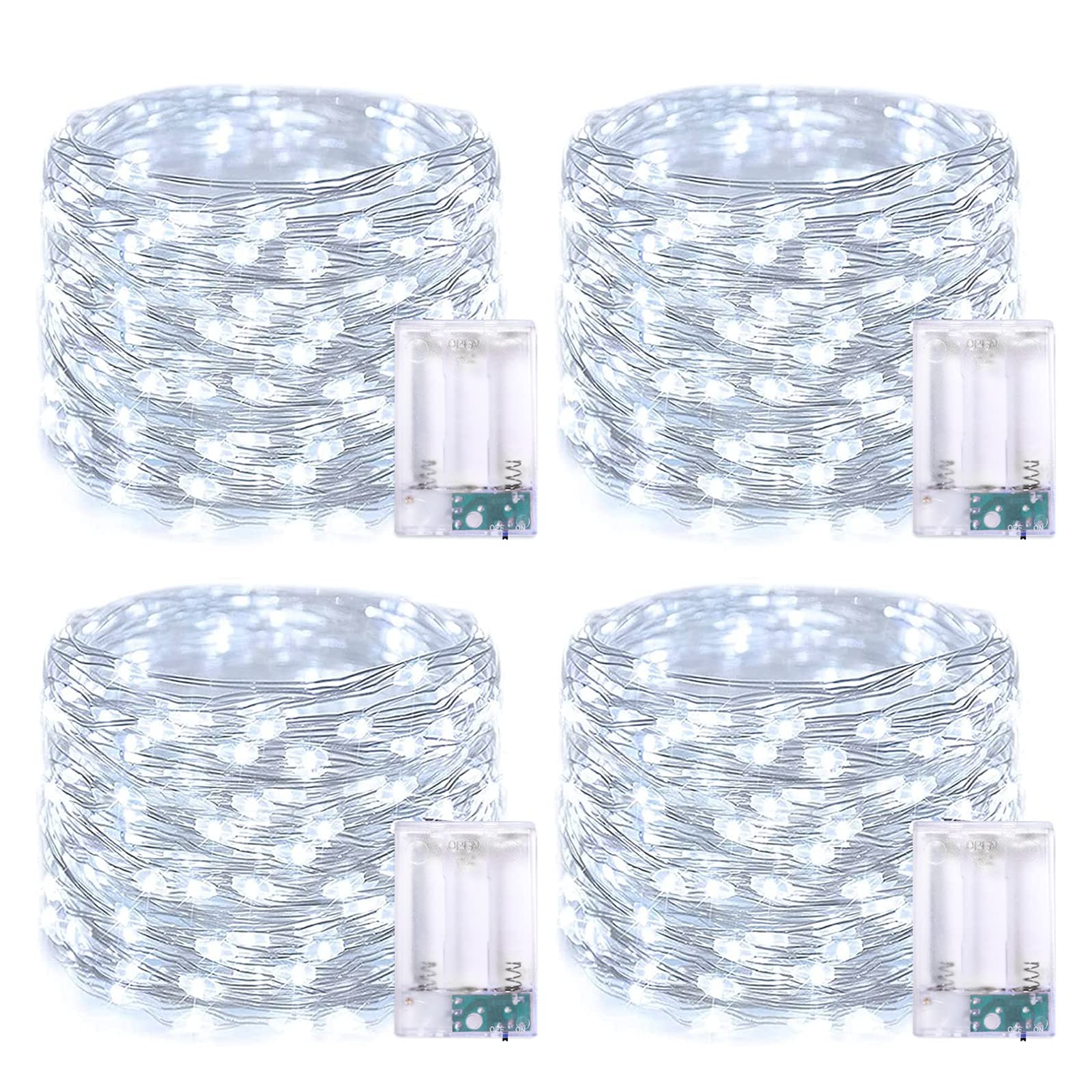 JMEXSUSS 4 Pack 50 LED White Fairy Lights Battery Operated - 16.1ft Mini Christmas Twinkle Lights Indoor Outdoor Waterproof for