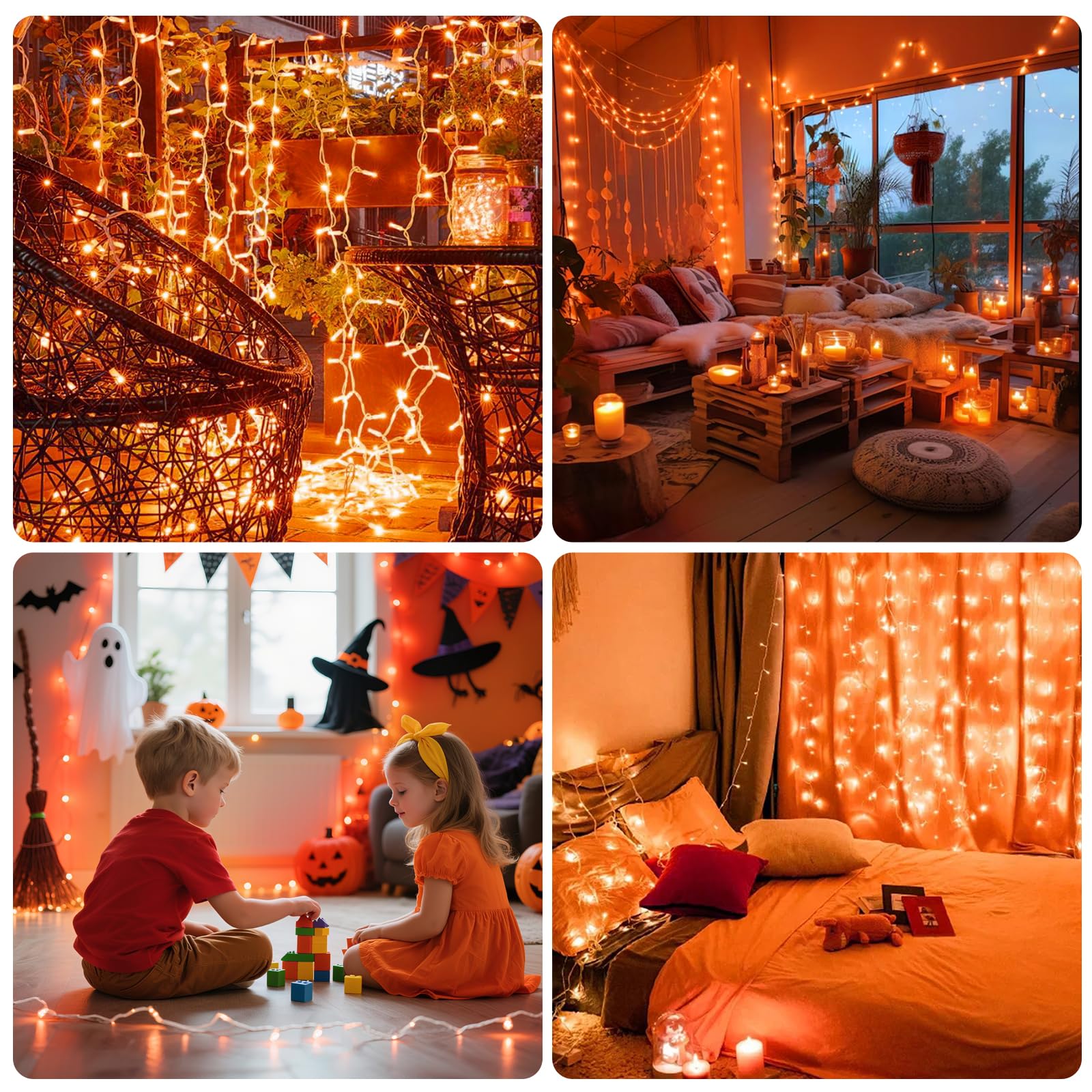 VTECHOLOGY 200LED Orange Christmas Lights, 66FT Connectable String Lights, 8 Modes, Indoor Outdoor Decor, Clear Wire, Model QL300IE