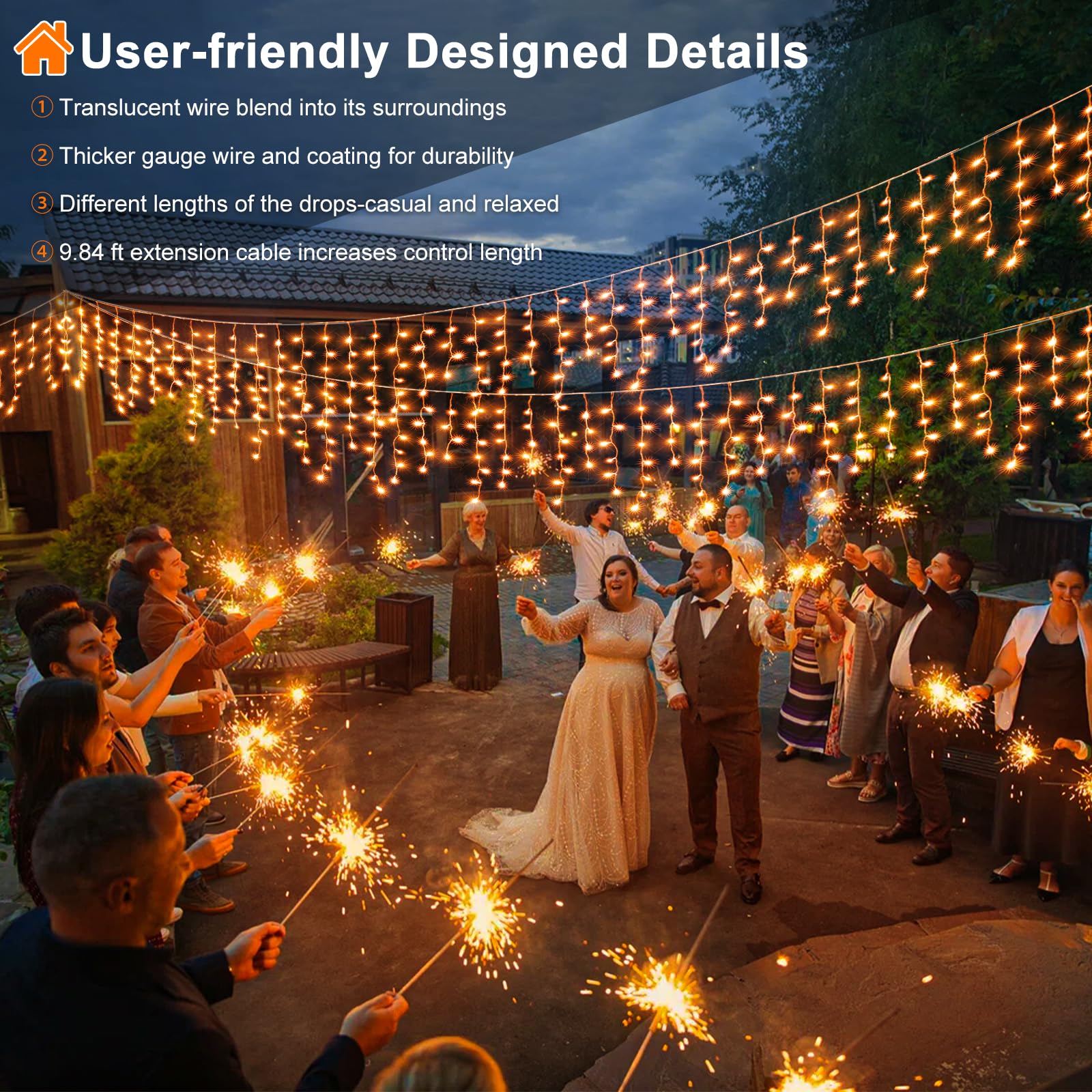 33 Ft Orange Icicle Lights For Outside, 400 Led Christmas Lights Outdoor, Clear Wire Twinkle String Lights With Timer 8 Modes Wa