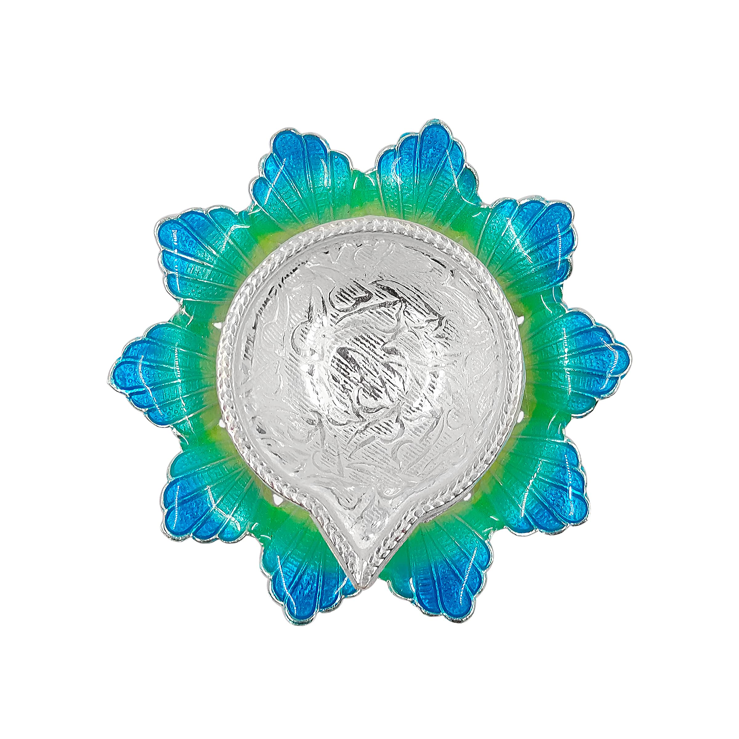 MAA SILVER Diya/Lamp/Deepak with Blue Yellowish Flower Shape Base Perfect for Gift and Pooja Purpose (20 Grams Silver)