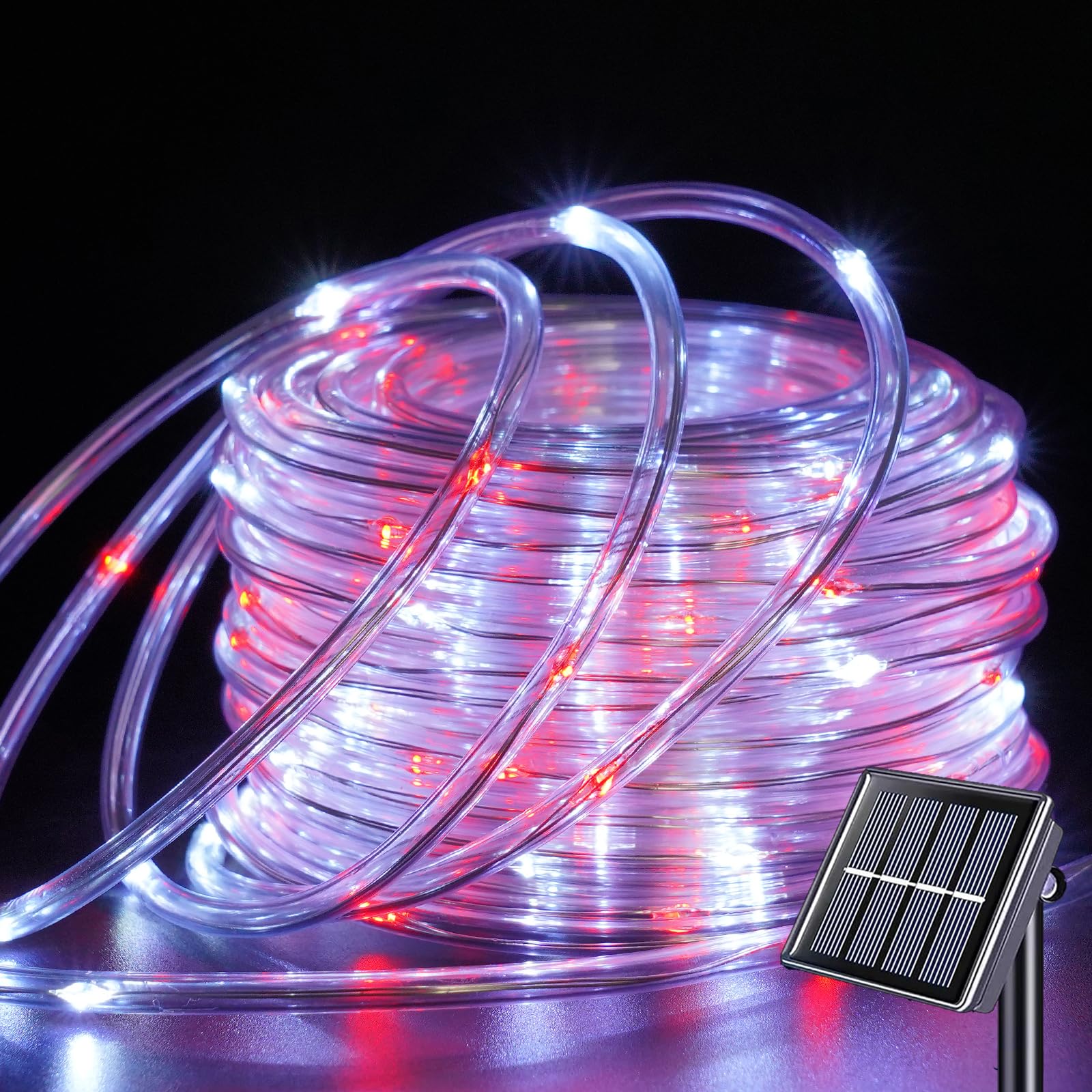 YEGUO Solar Rope Lights, 66ft, 200 LED, Waterproof, Red and White, 8 Modes, Outdoor Fairy Lights for Camping, Patio, Garden