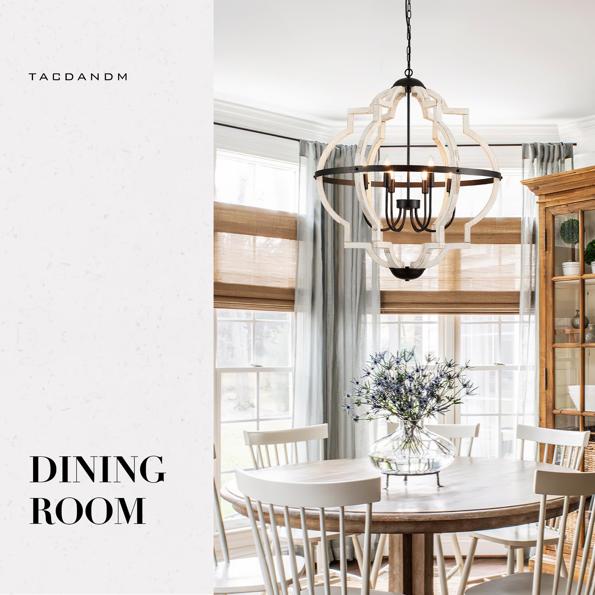 TACDANDM 31.5'' 8-Light Farmhouse Chandelier, Vintage Rustic White Wood Pendant Light for Dining Room, Model DG-021-8