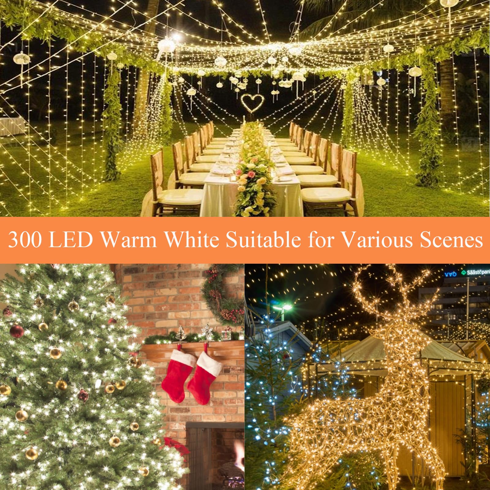 KAQ 115FT 300LED Warm White Christmas String Lights, Waterproof Indoor/Outdoor Fairy Lights, Clear Wire