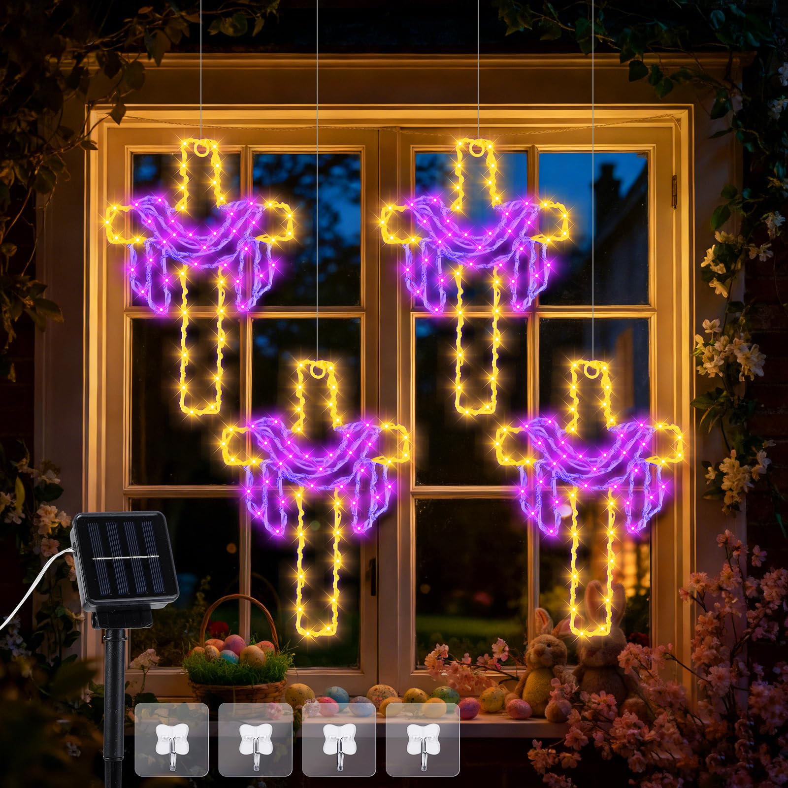 Huquary 4 Pcs Solar Easter Window Lights 10 Inch Easter Cross Sign Decor He is Risen Window Lights with Solar Power Stake & 4 Ho