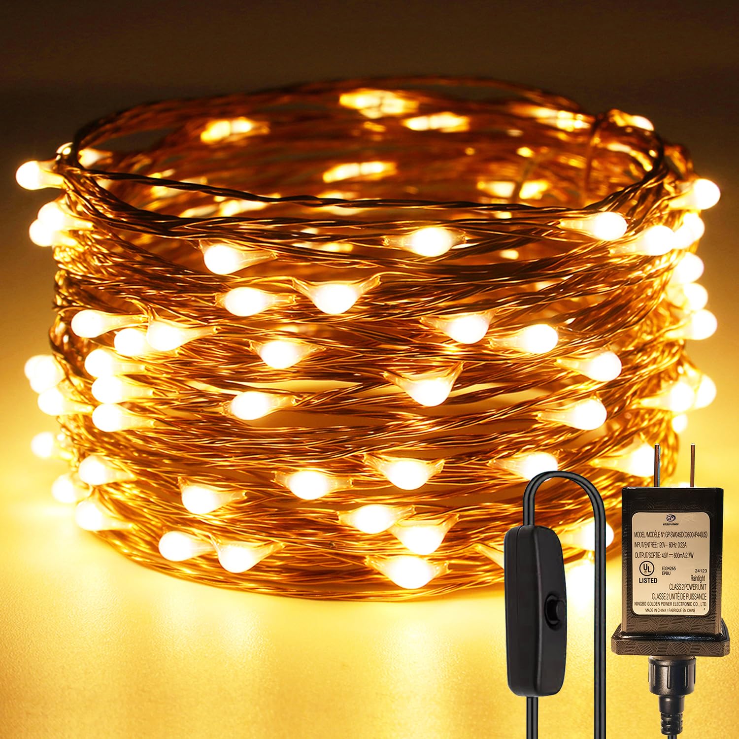 RUICHEN Plug in Fairy String Lights with Switch, Waterproof 33 Ft 100 LED Copper Wire Firefly Lights for Bedroom, Patio, Garden,