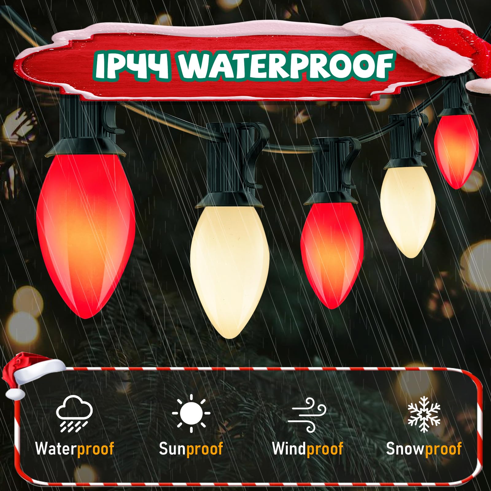 C7 Led Red And White Christmas Lights, 25Ft Outdoor Decorations With 27 Shatterproof Bulbs, Hanging Vintage Christmas Lights For