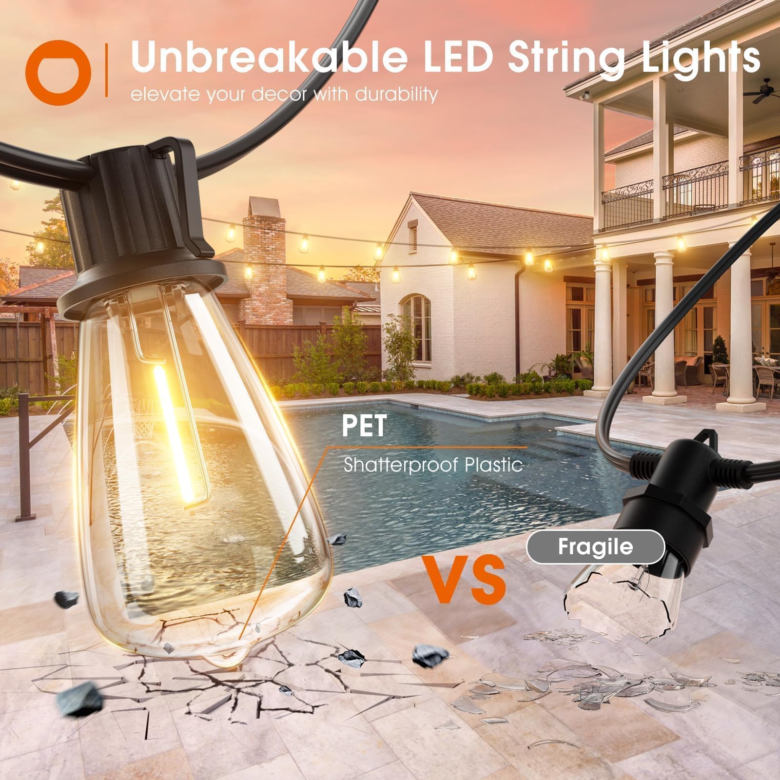 Addlon 25Ft Led Outdoor String Lights Waterproof Patio Lights With 9 Shatterproof St38 Replaceable Bulbs(1 Spare), Dimmable Outs