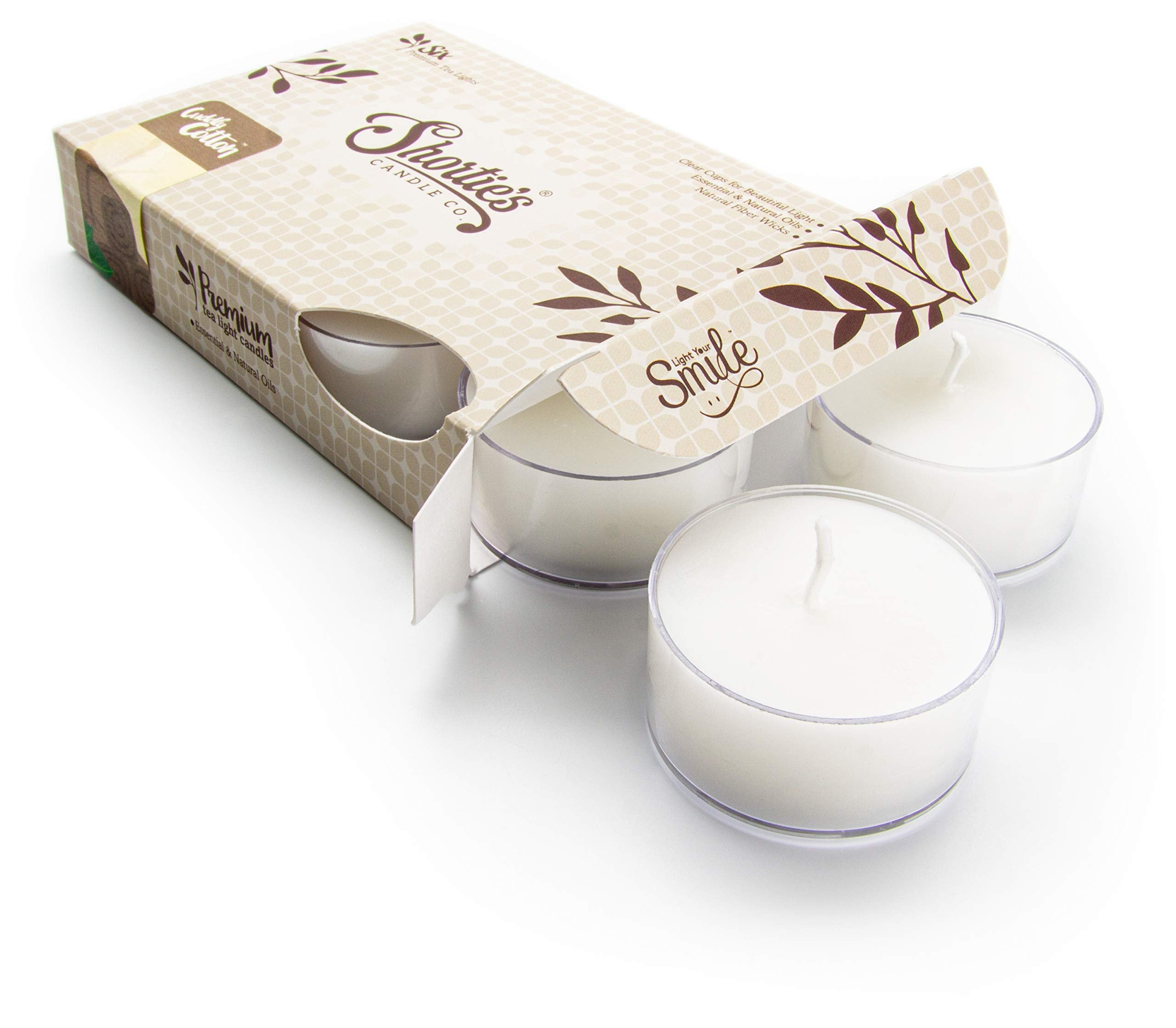 Shorties Candle Company Cuddly Cotton Tealight Candles - Highly Scented - 6 White Tea Lights - Paraffin Wax
