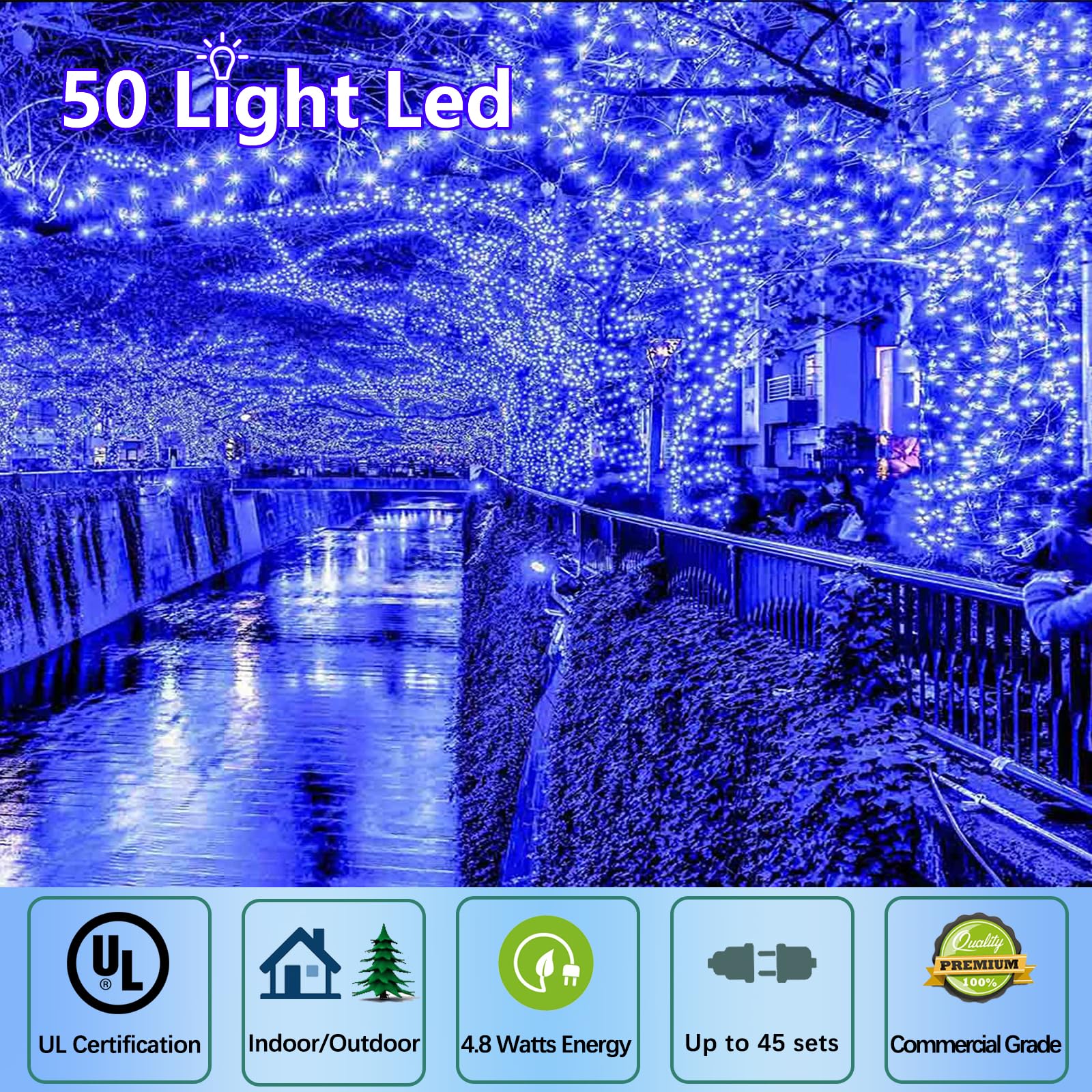 Wominoy 25Ft 50 Counts Blue Led Christmas Lights - Commercial Grade Outdoor Waterproof, Wide Angle Green Wire, Xmas Tree Lights,