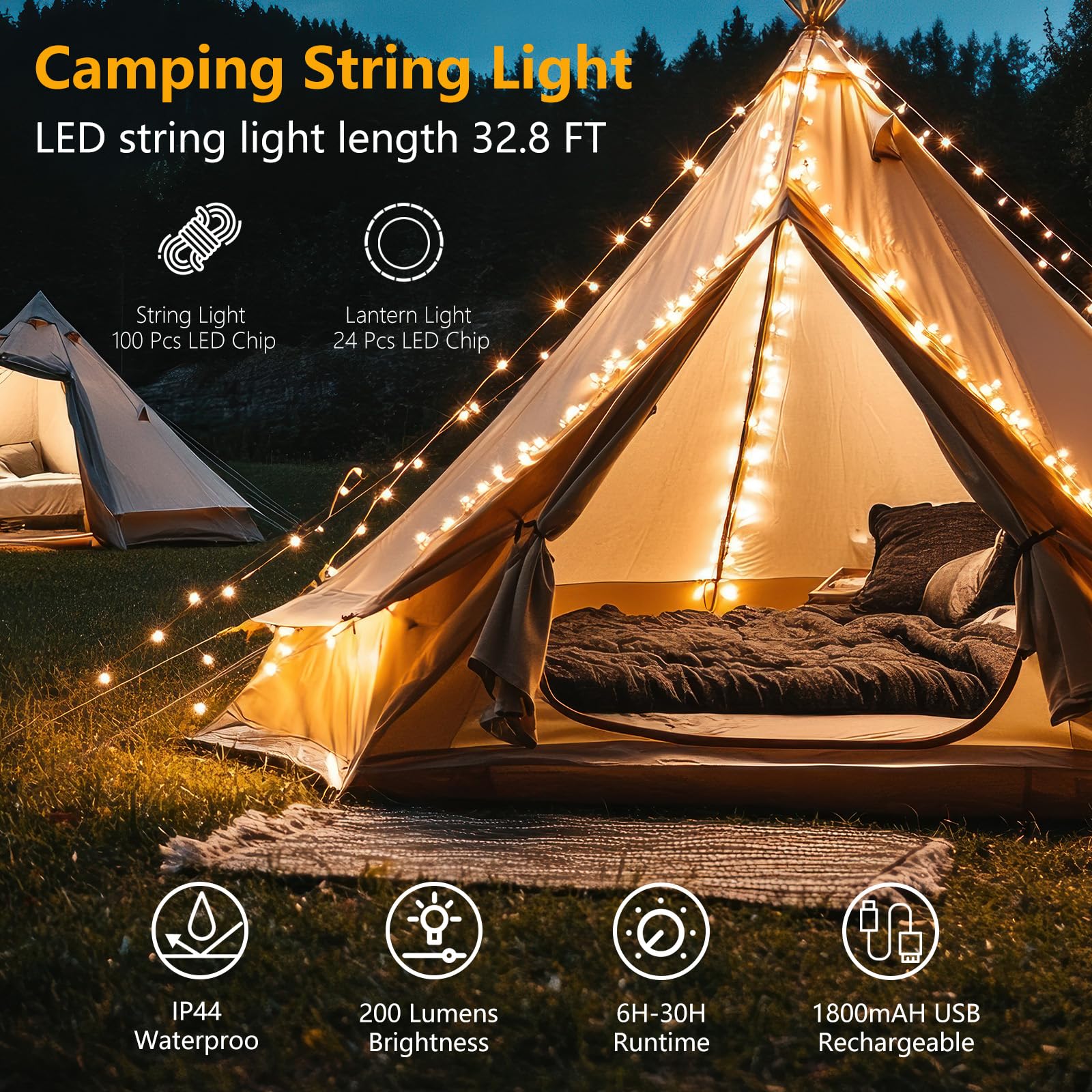 GHORA Camping String Light, 32.8FT LED, 8 Modes, Waterproof, Green, Model KXK-500