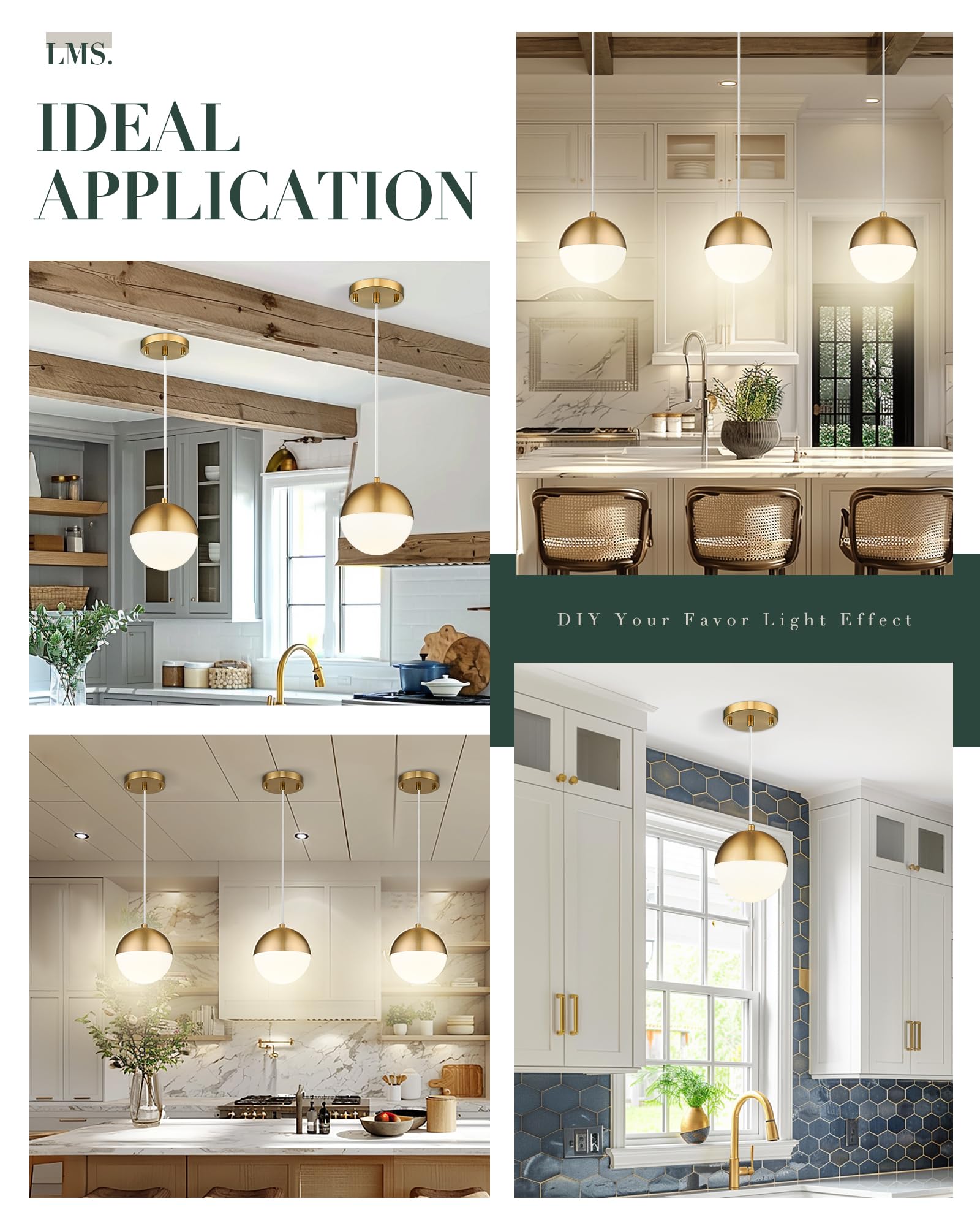 Lms 6-Inch Brushed Gold Pendant Light Fixtures, Mid Century Pendant Light Fixtures With White Globe Glass, Adjustable Hanging Co