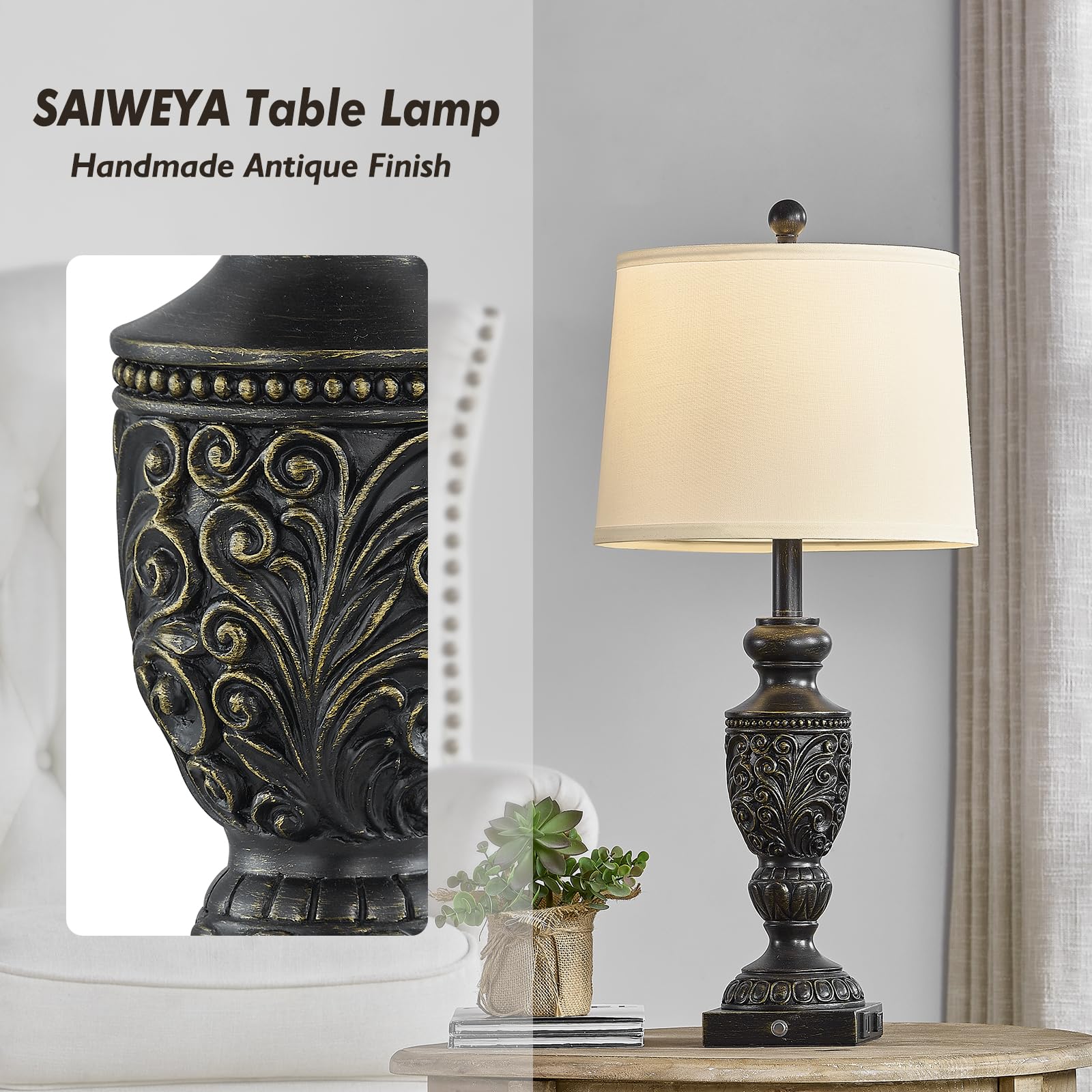SAIWEYA 26.5in Farmhouse Table Lamp Set of 2, 3-Way Dimmable Touch Control, Vintage Rustic, Blue, Model TM-T05