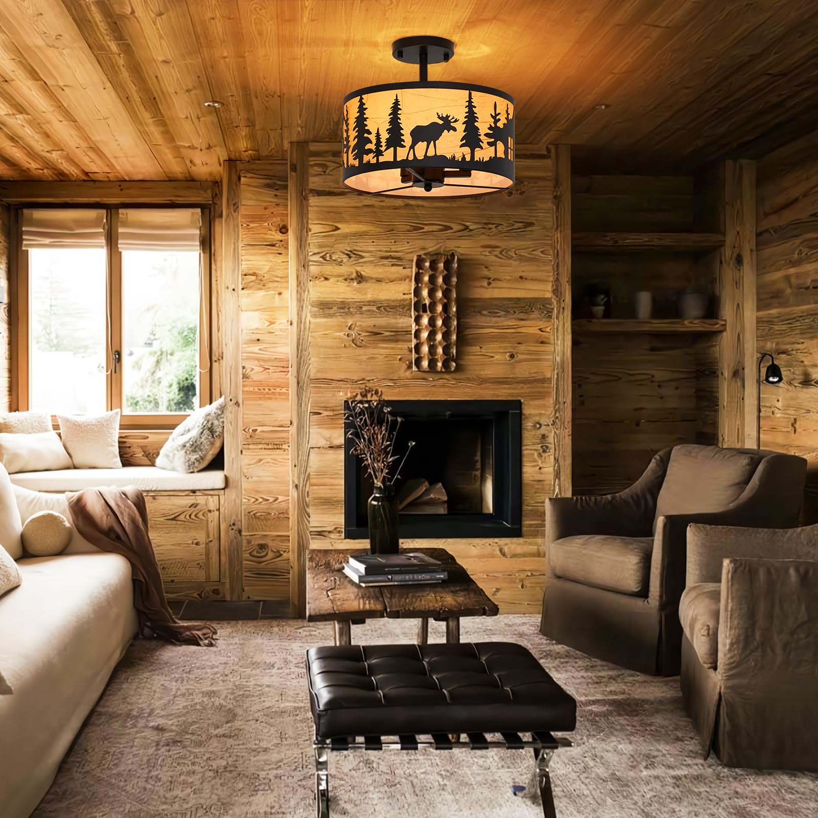 Monaxon Rustic 3-Light Semi-Flush Mount Ceiling Light, E12 Base, Farmhouse Design With Deer, Bear