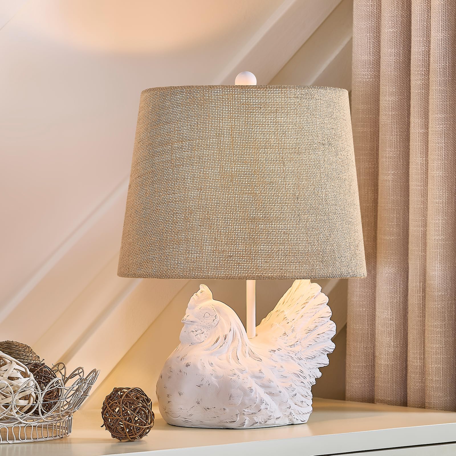 Crestview Collection Chicken Table Lamp, 18 H Sculpted Resin Hen Lamp with Burlap Shade, Rustic White-Charcoal Animal Sculpture 