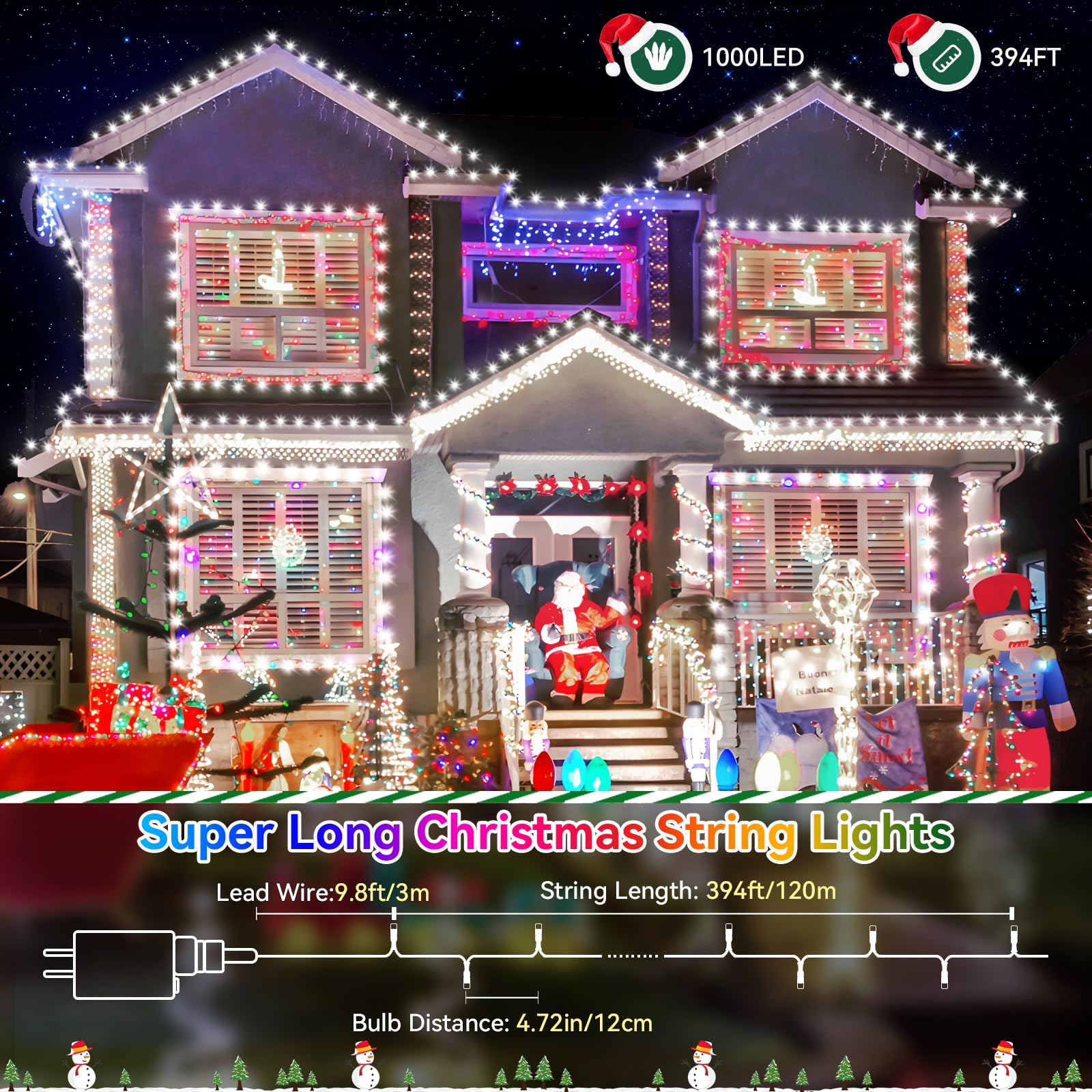 Heceltt Christmas Lights Outdoor, 394Ft 1000Led Christmas Lights With 8 Modes And Timer Memory Function Christmas String Lights