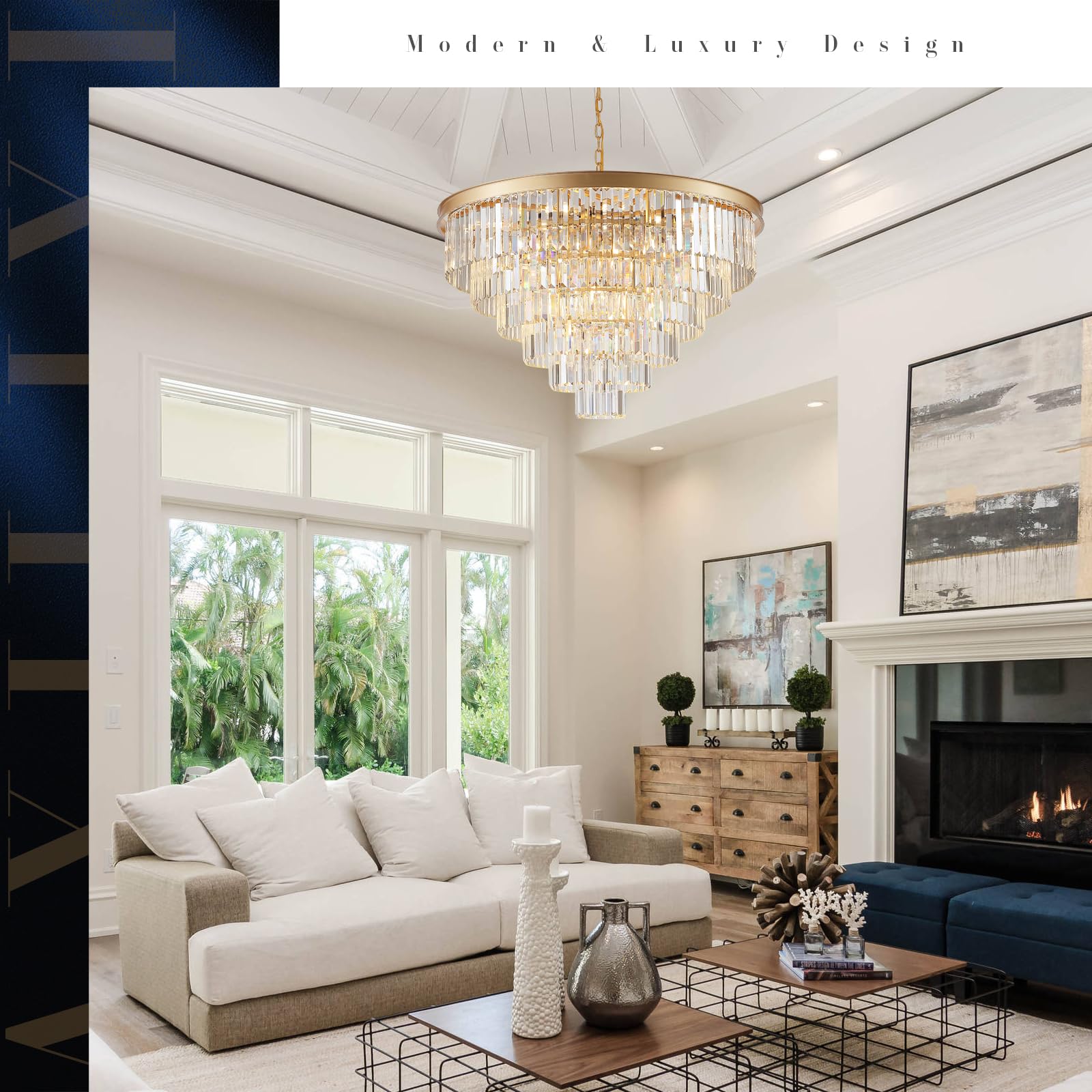 A AXILIXI Modern Gold Crystal Chandelier 35in  5-Tier K9 Metal Light Fixture for High Ceilings, Staircase, Entry, Living Room, Model DH88318