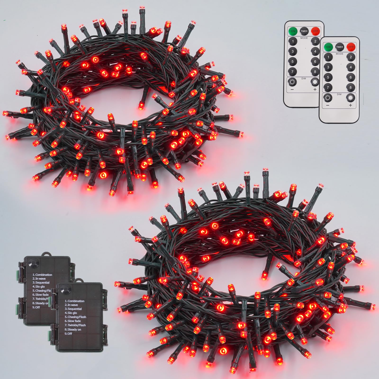 YEGUO Christmas Lights Battery Operated, 2 Pack Each 33ft 100 LED Red String Lights Outdoor Waterproof, Green Wire Fairy Christm
