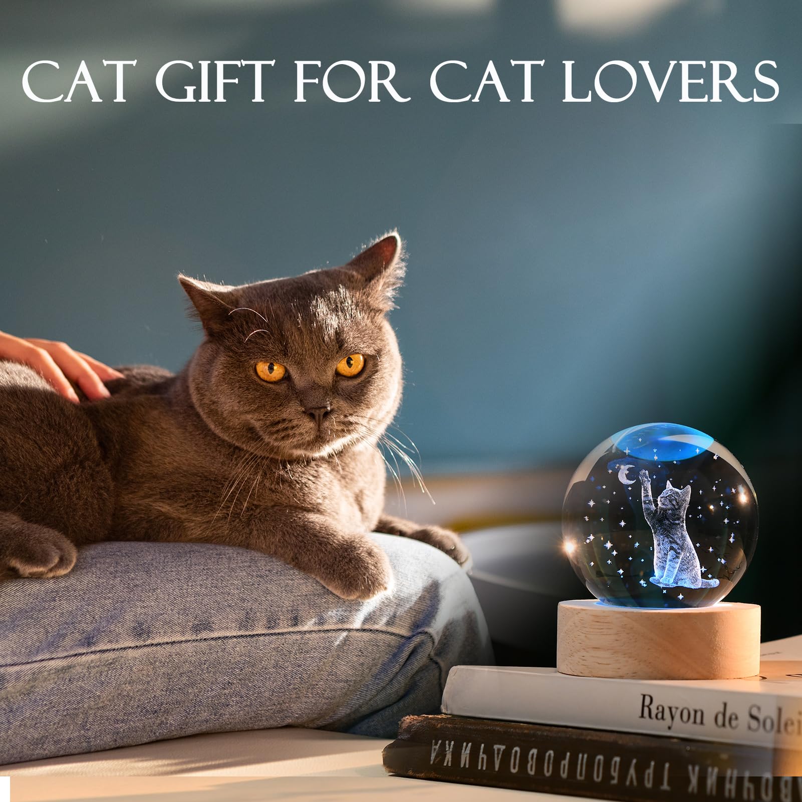 IFOLAINA 3D Cat Sympathy Figurine - 2.36" Laser Engraved Crystal Ball with Wooden Base, Multicolor Cat Gifts for Cat Lovers