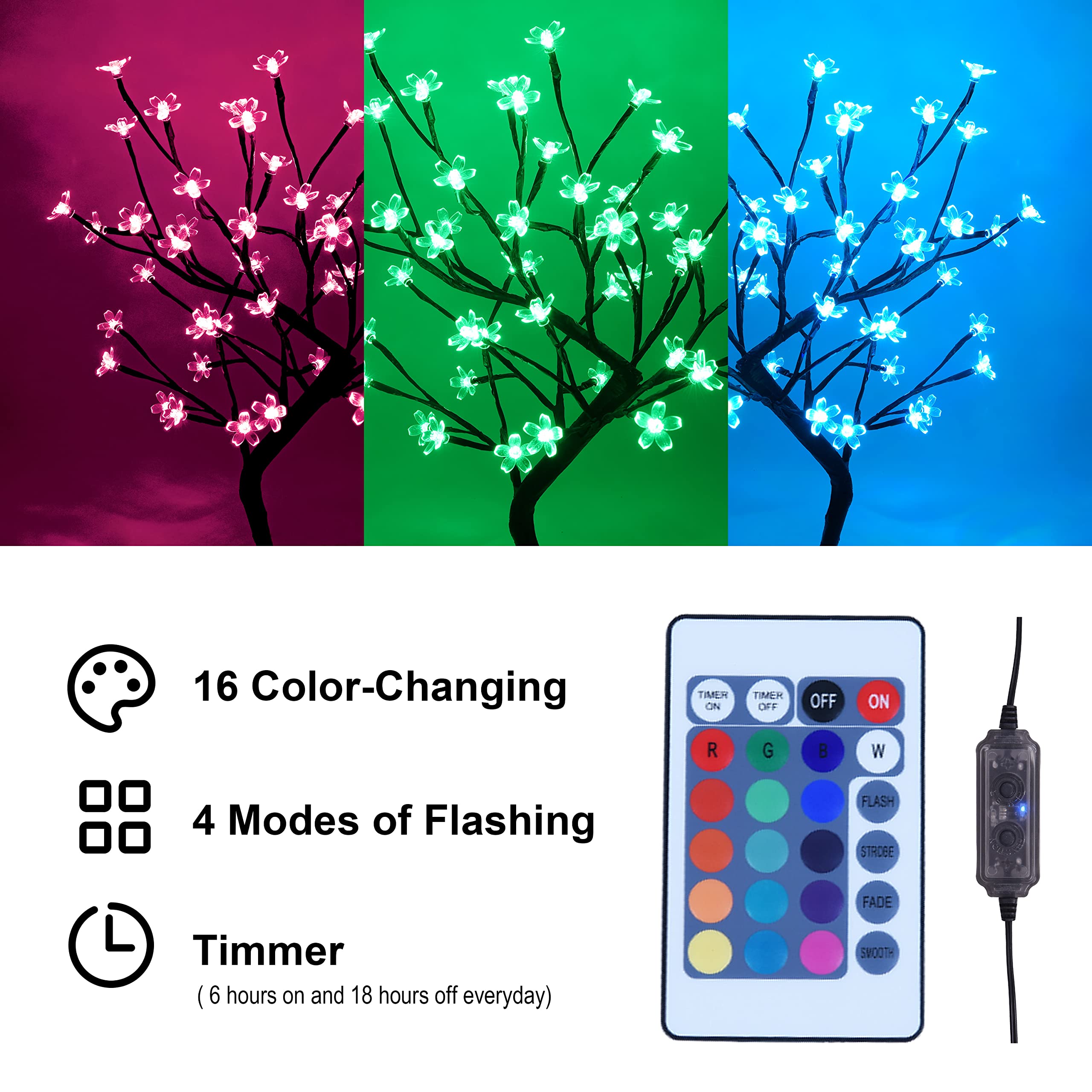 SPIRIT STAR Cherry Blossom Bonsai Tree Lamp - 18IN with 48 RGB LEDs, Remote Control, Indoor/Outdoor Decor, Copper Material