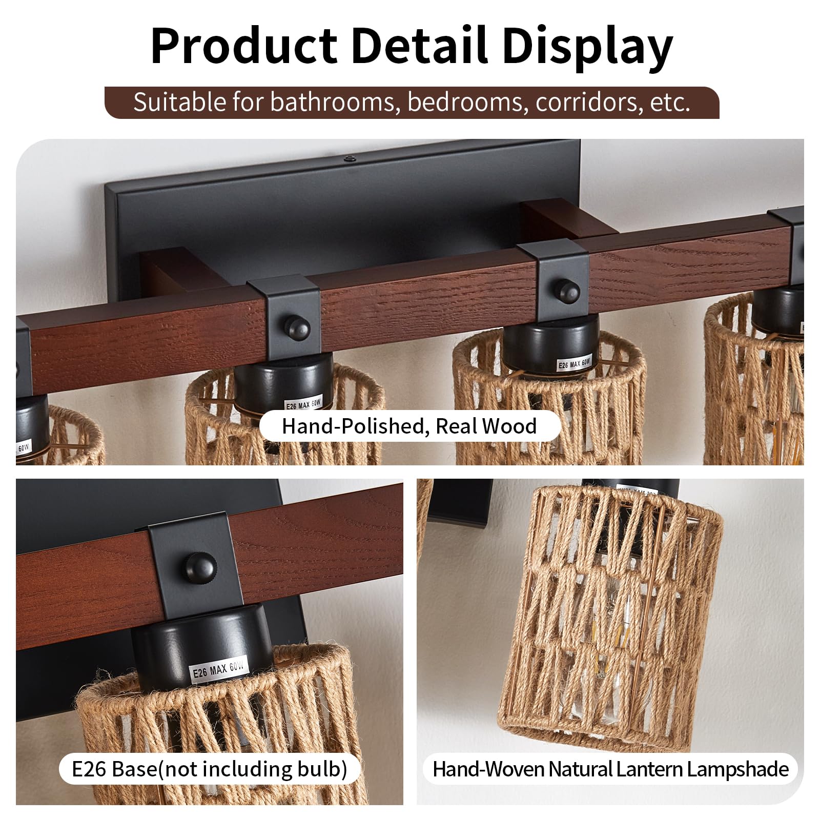 Aixialin 6 Light Bathroom Vanity Light Fixtures, Rustic Style Farmhouse Wood Bathroom Wall Sconce, Handmade Bamboo Woven Boho Wi