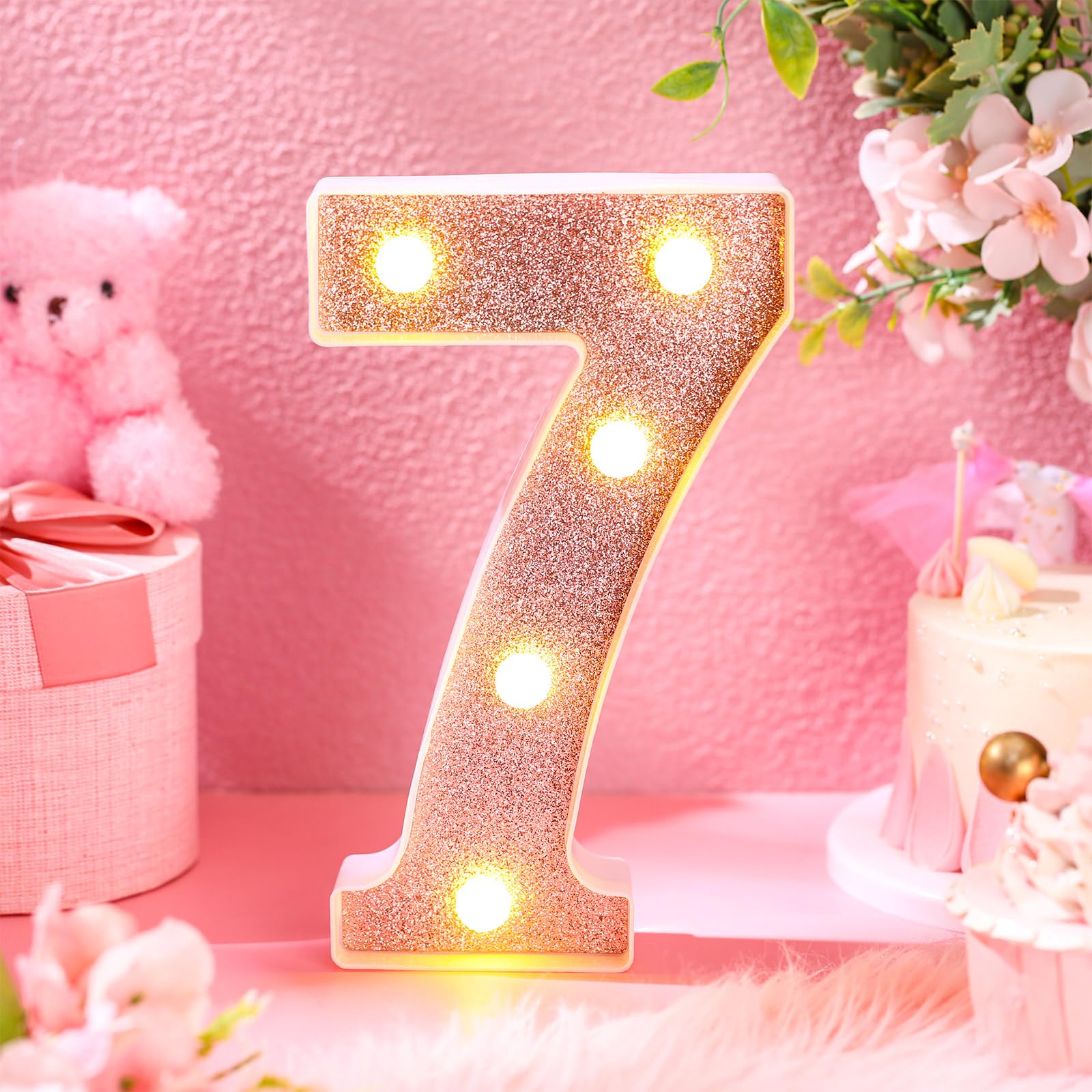 Treela 8.7 Birthday Decorative Led Light Up Numbers  Glitter Marquee Number Sign For Night Birthday Party Decorations Anniversary Bar Led Sign Backdrop Wall Table Centerpieces(Number 7 Rose Gold)