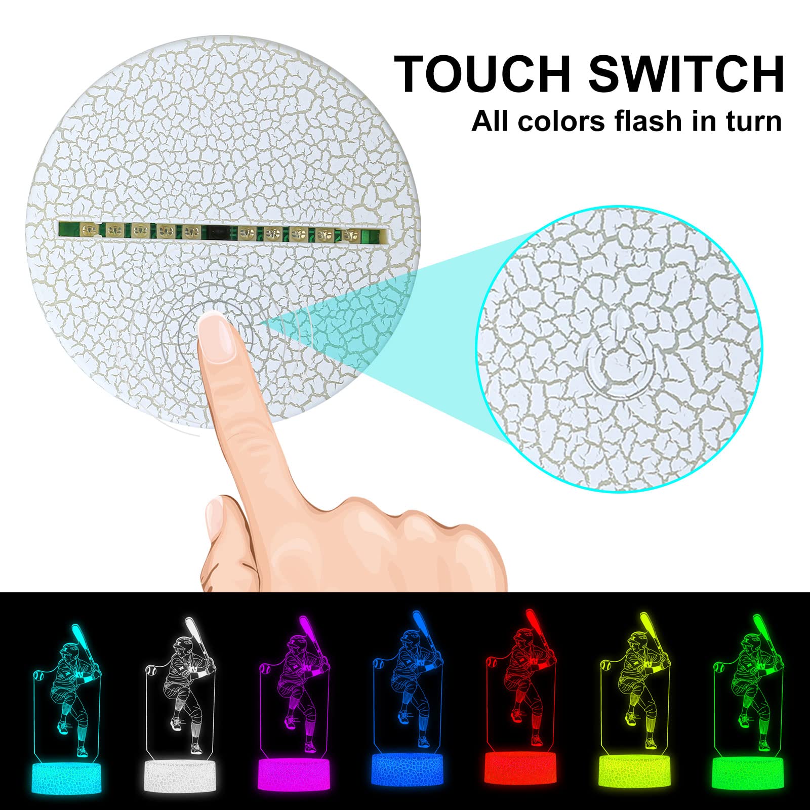 Shanjianke Baseball Player 3D Night Light Touch Control - 7 Colors Auto Gradient Night Light,Kids Night Light Suitable For Home