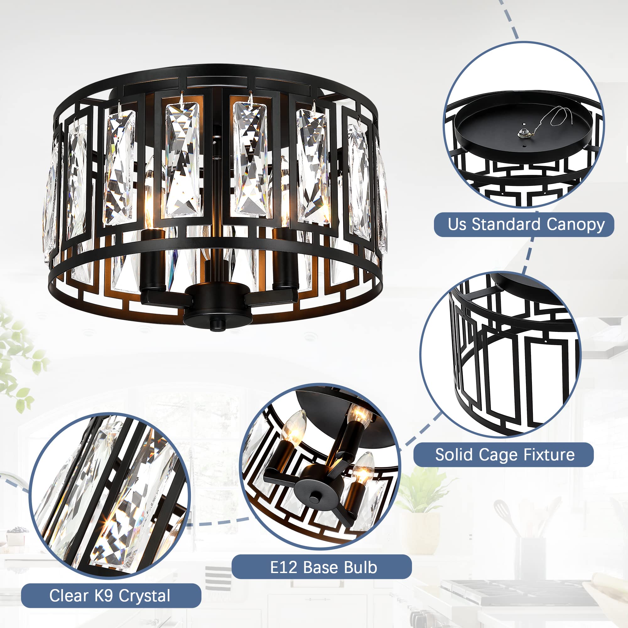 Crystal Ceiling Light Flush Mount For Bedroom, Kitchen Island Crystal Drum Shade Lighting Fixture, 3-Light Black Ceiling Lamp Fo