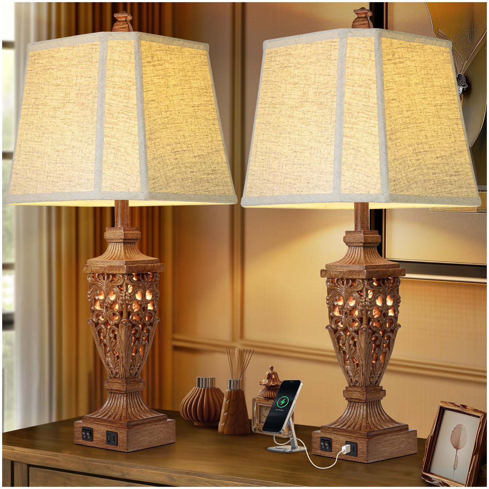 28.5'' Vintage Brown Table Lamps Set of 2 with Night Light,Lamps for Living Room with Beige Linen Cut Corner Shade,Nightstands L