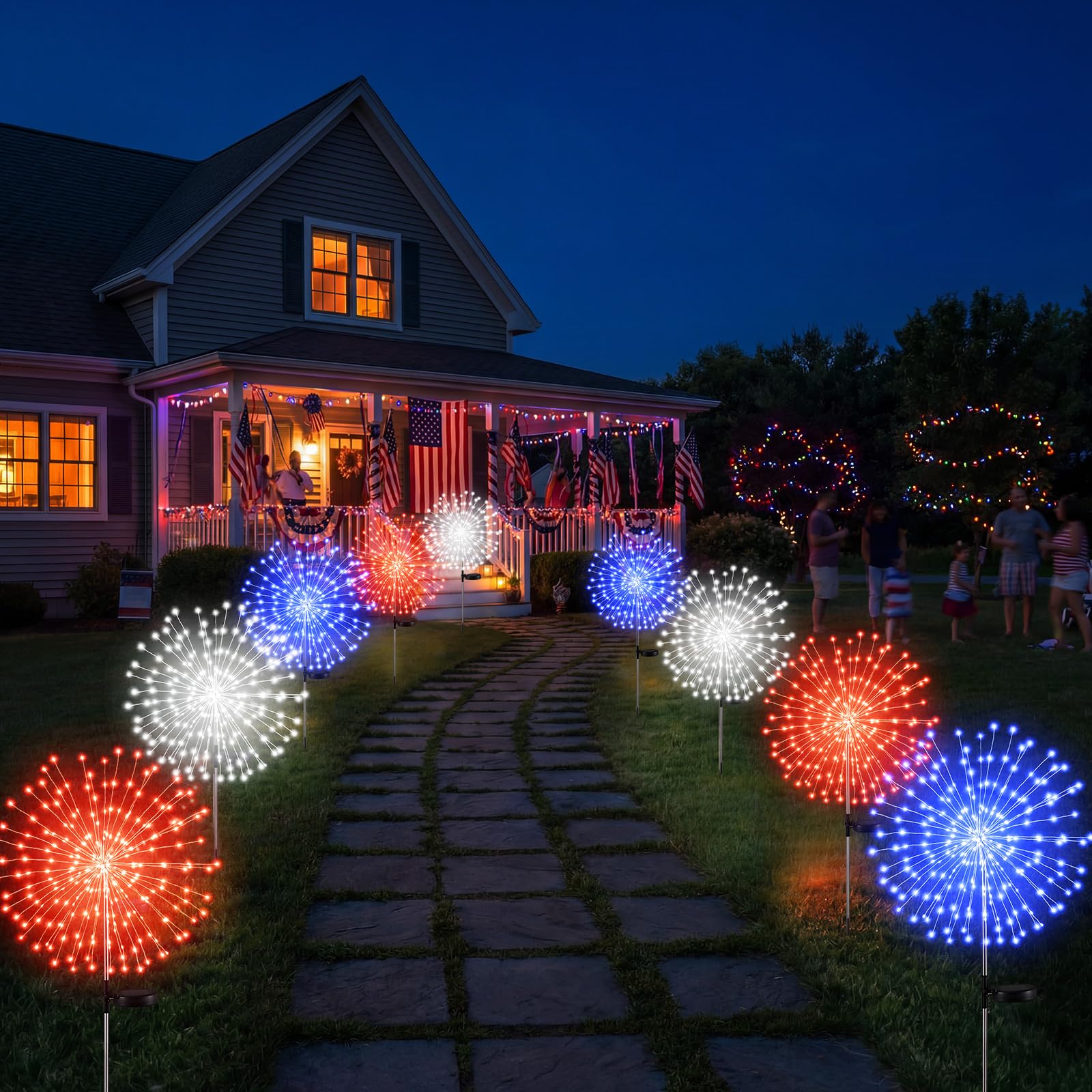 Tujoe 9 Pcs 4th of July Solar Firework Lights Patriotic Solar Light Outdoor Garden 120 LED 8 Modes Waterproof LED Sparkler Light