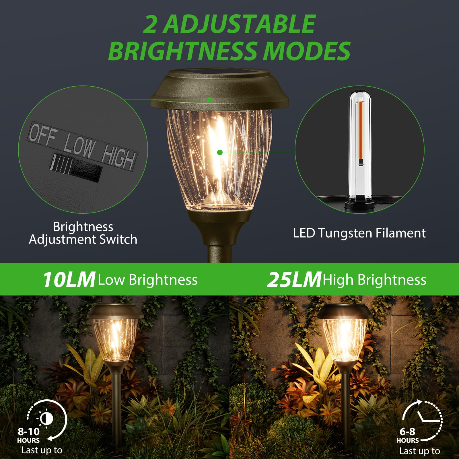 Xmcosy+ Solar Pathway Lights Outdoor, 10/25 Lm In 2 Lighting Modes, Glass Stainless Steel Waterproof Ip65 Solar Powered Garden L