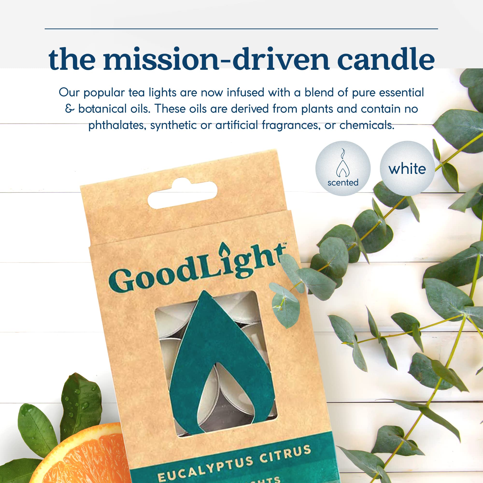 Goodlight Paraffin-Free Scented Tea Lights Candles, Clean-Burning And All-Natural Tea Light Candles, 4-Hour Burn Time (Eucalyptu