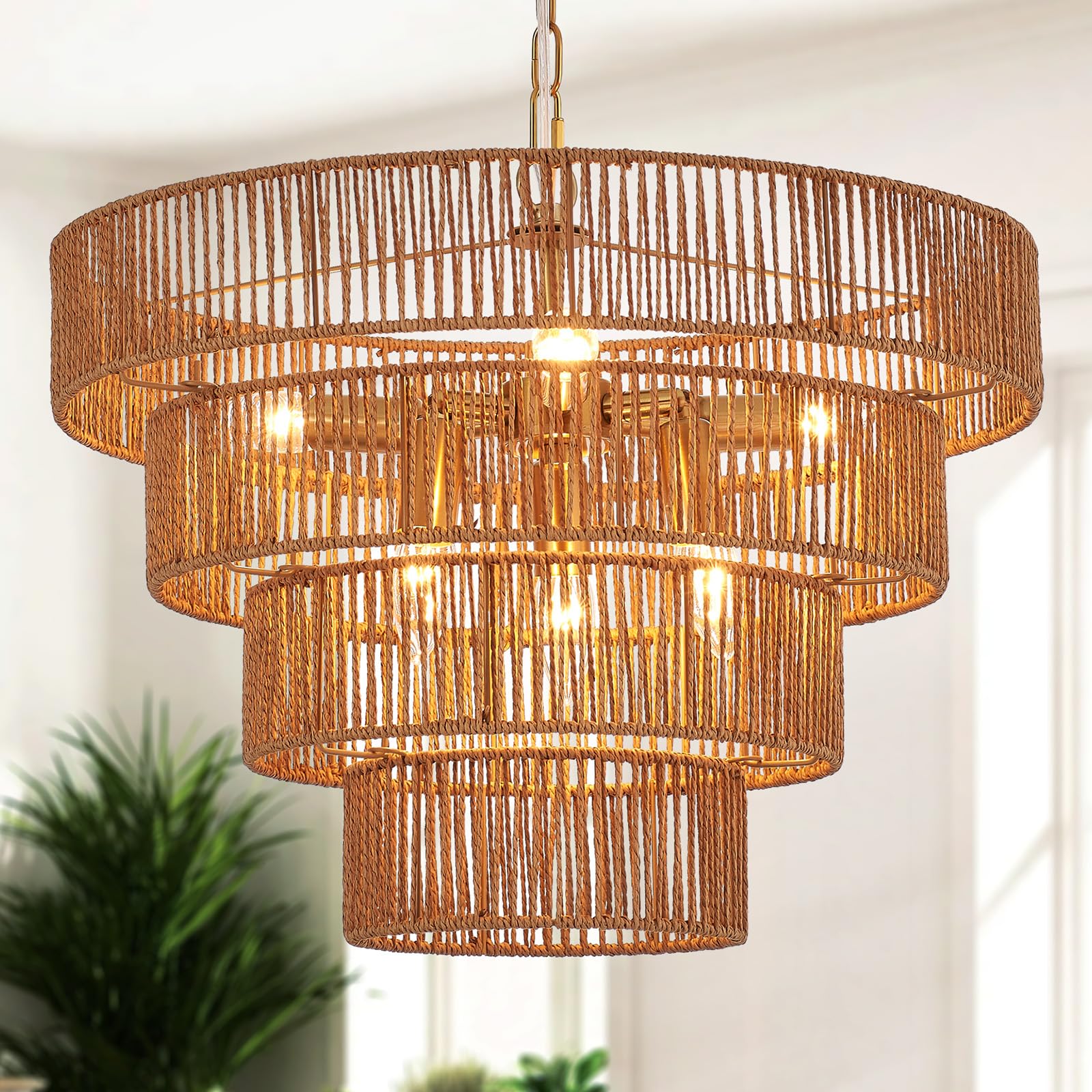 Yomecoo Boho Rattan Chandelier Farmhouse 6-Lights Hand-Woven Bamboo Chandelier Light Fixture Vintage Rustic Wicker Rattan Golden