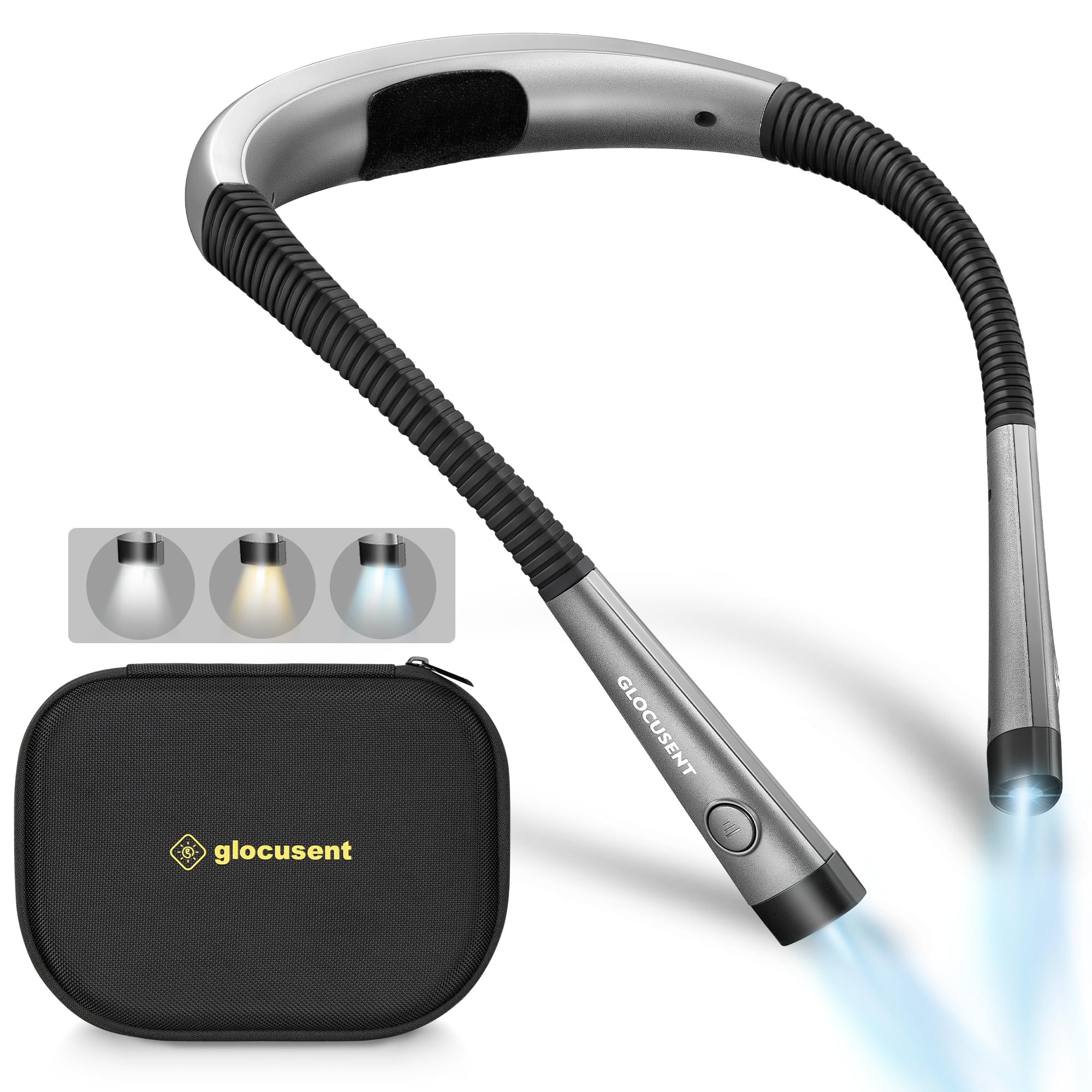 Glocusent Book Light, 3-Color 6-Brightness, Bendable Neck, Rechargeable, Black, Model GLCSNTBL001-EVA