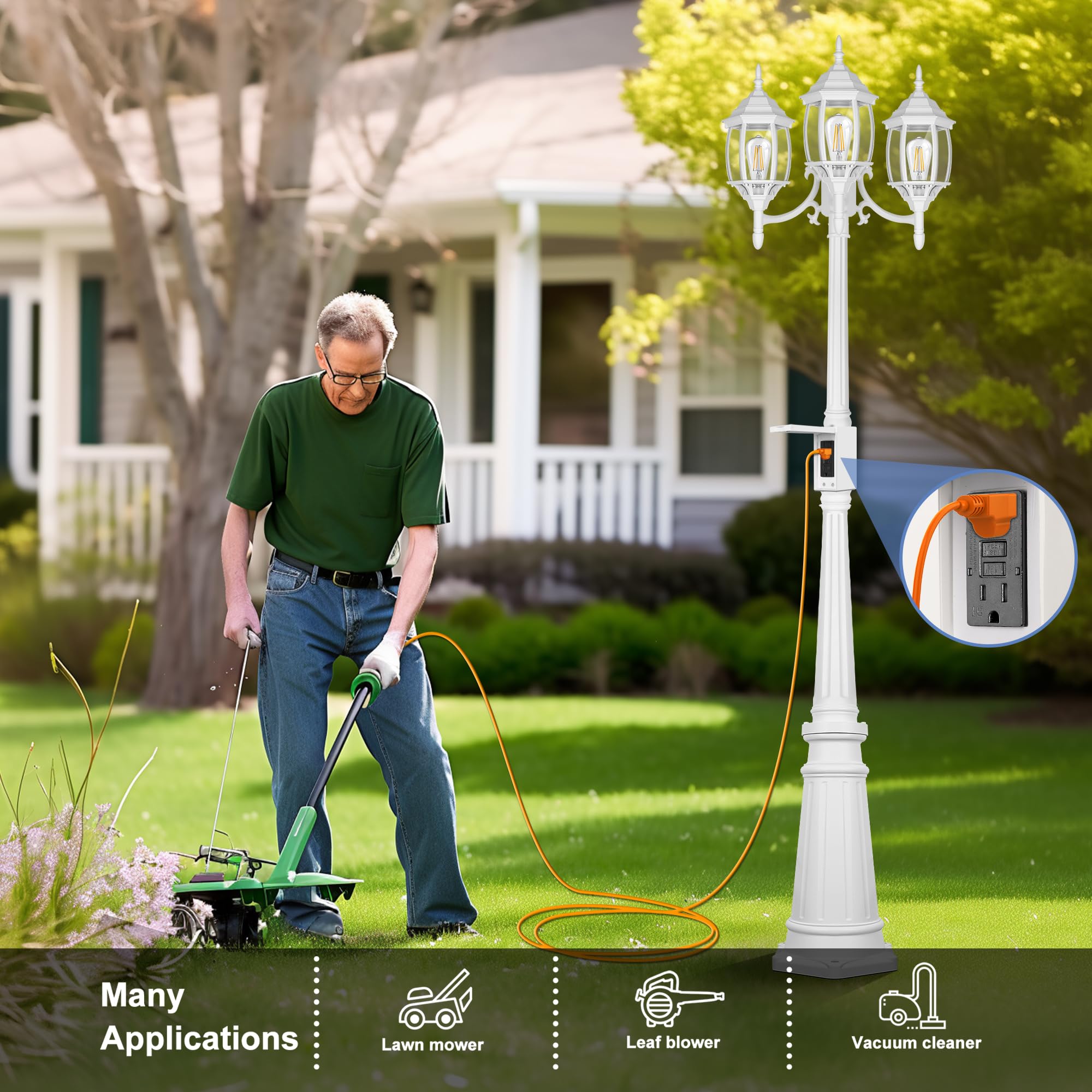 Partphoner Dusk To Dawn Outdoor Lamp Post Light, 3-Head Waterproof Aluminum With Gfci Outlet, White