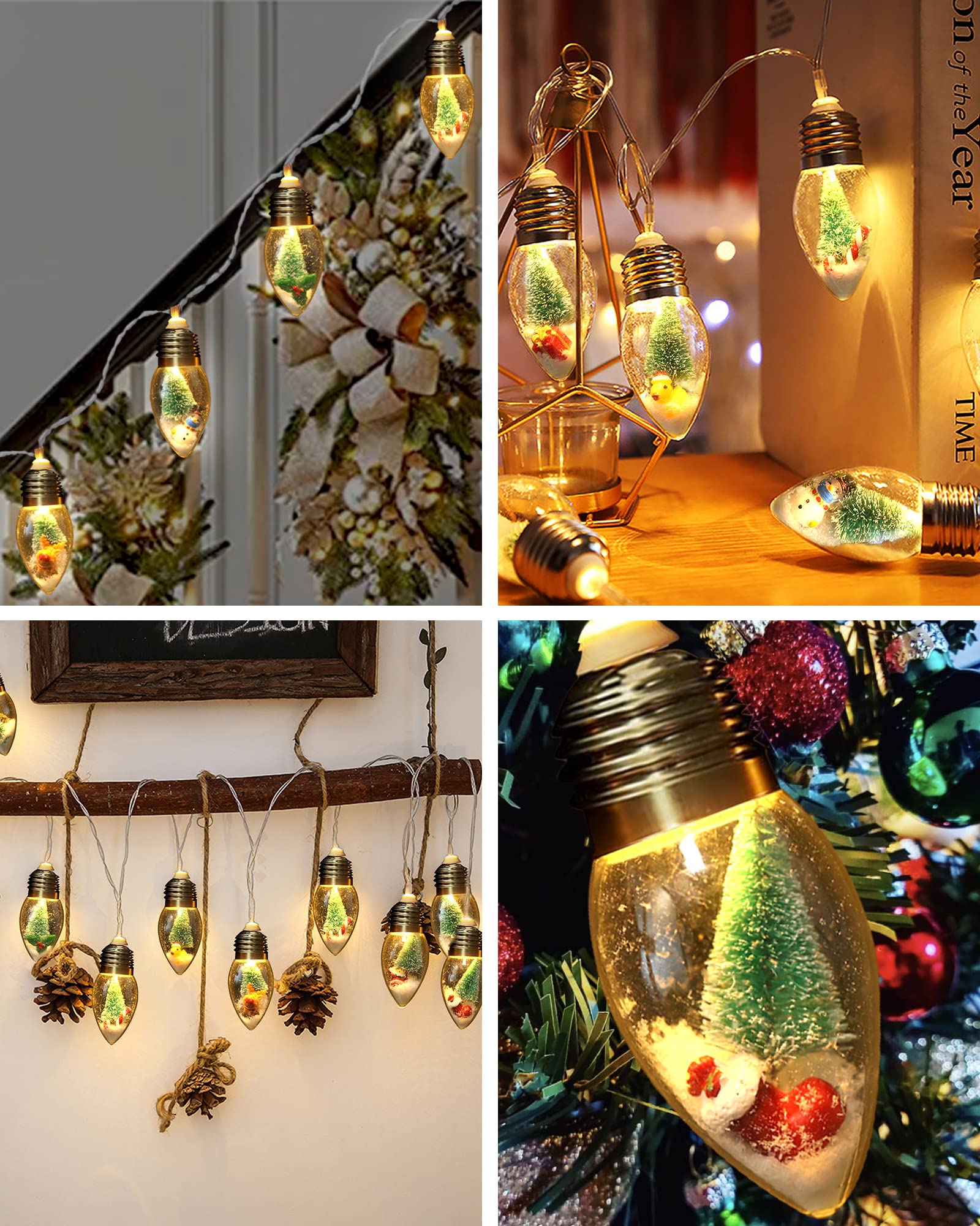 JUSTOTRY 2PC 6.6ft Christmas Lights for Indoor Bedroom Decorations - 10 LED Globe Bulbs String Light with Tree & Snow & Cute Orn