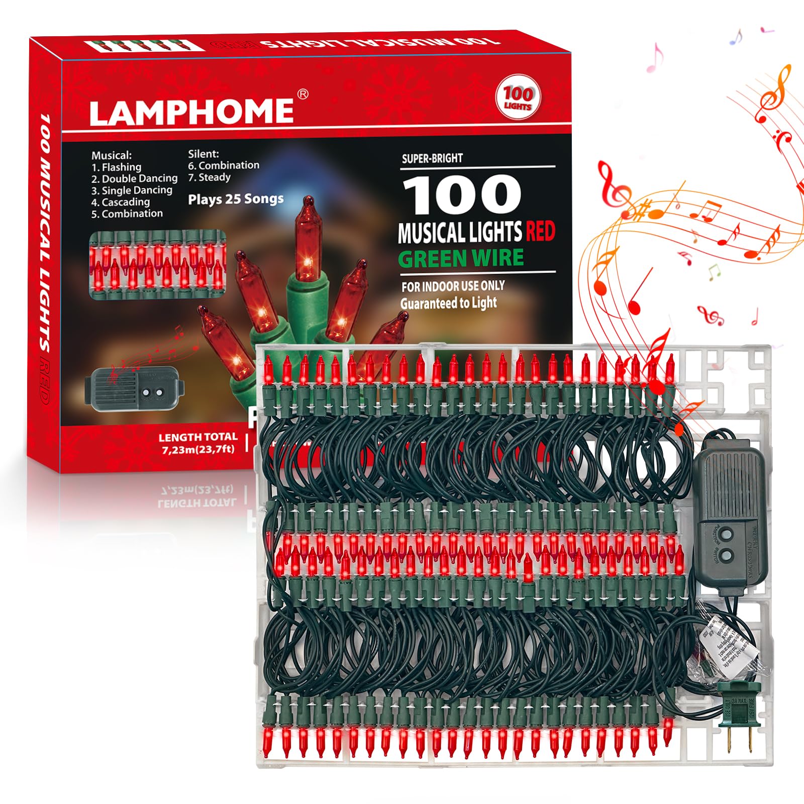 LAMPHOME Musical Christmas Lights, 100 Lights, 23.7ft, UL Certified, Red, Model HPI-100-2/SB