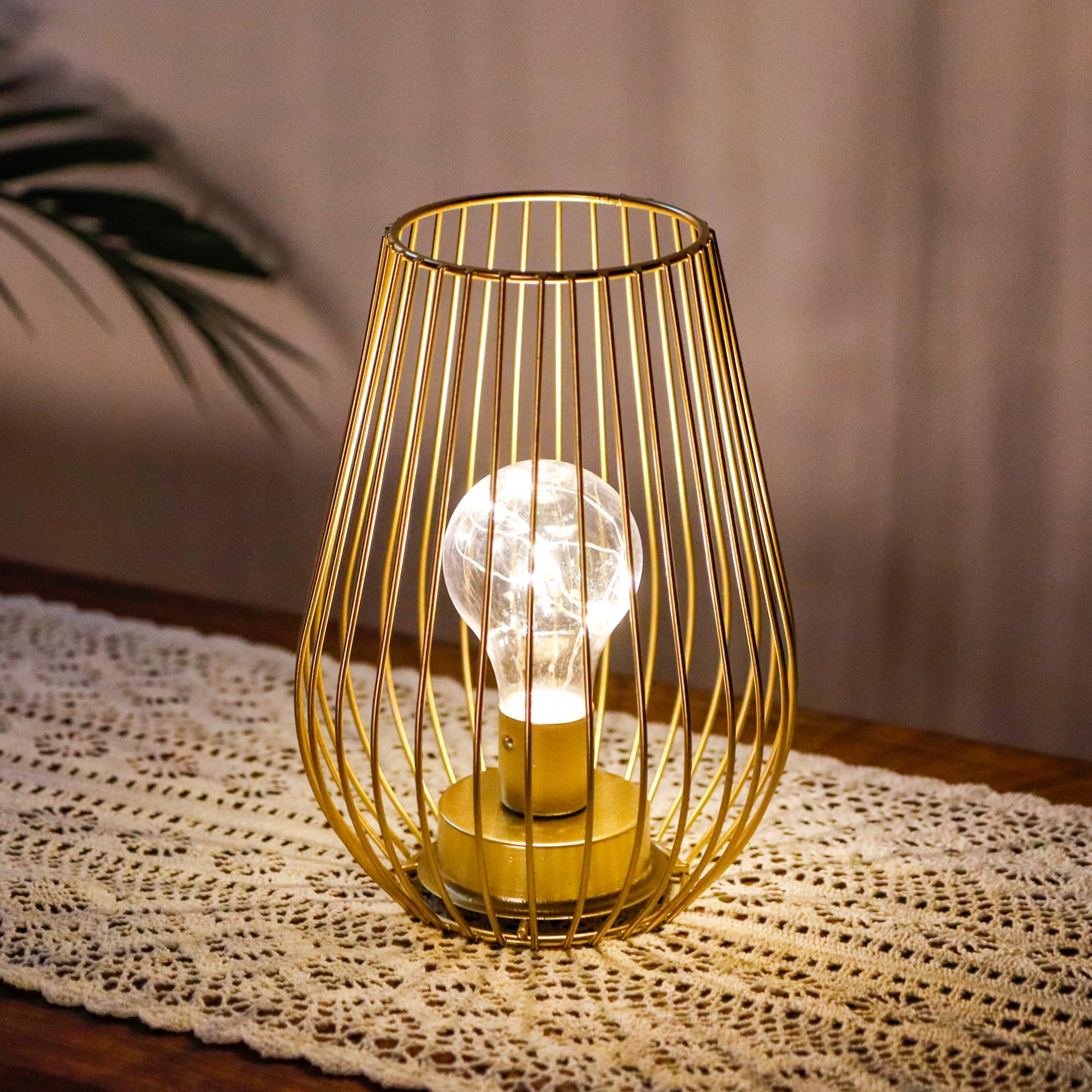 TRIROCKS Metal Battery Operated Lamp 8 Tall Cage Shape Cordless Table Lantern with Warm Fairy Lights Bulb for Thanksgiving Chr