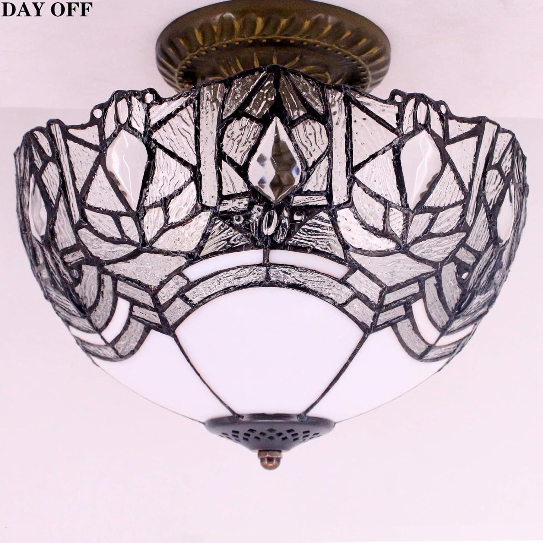Werfactory Tiffany Ceiling Light Fixture, Crystal Bead, 12X11 Inch, White Stained Glass, Semi Flush Mount, S508W Series